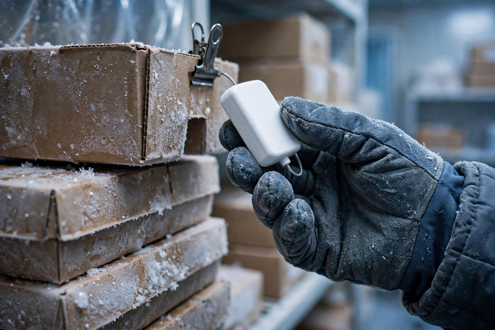 Gros plan d'un enregistreur de données de température fixé sur un carton d'exportation congelé