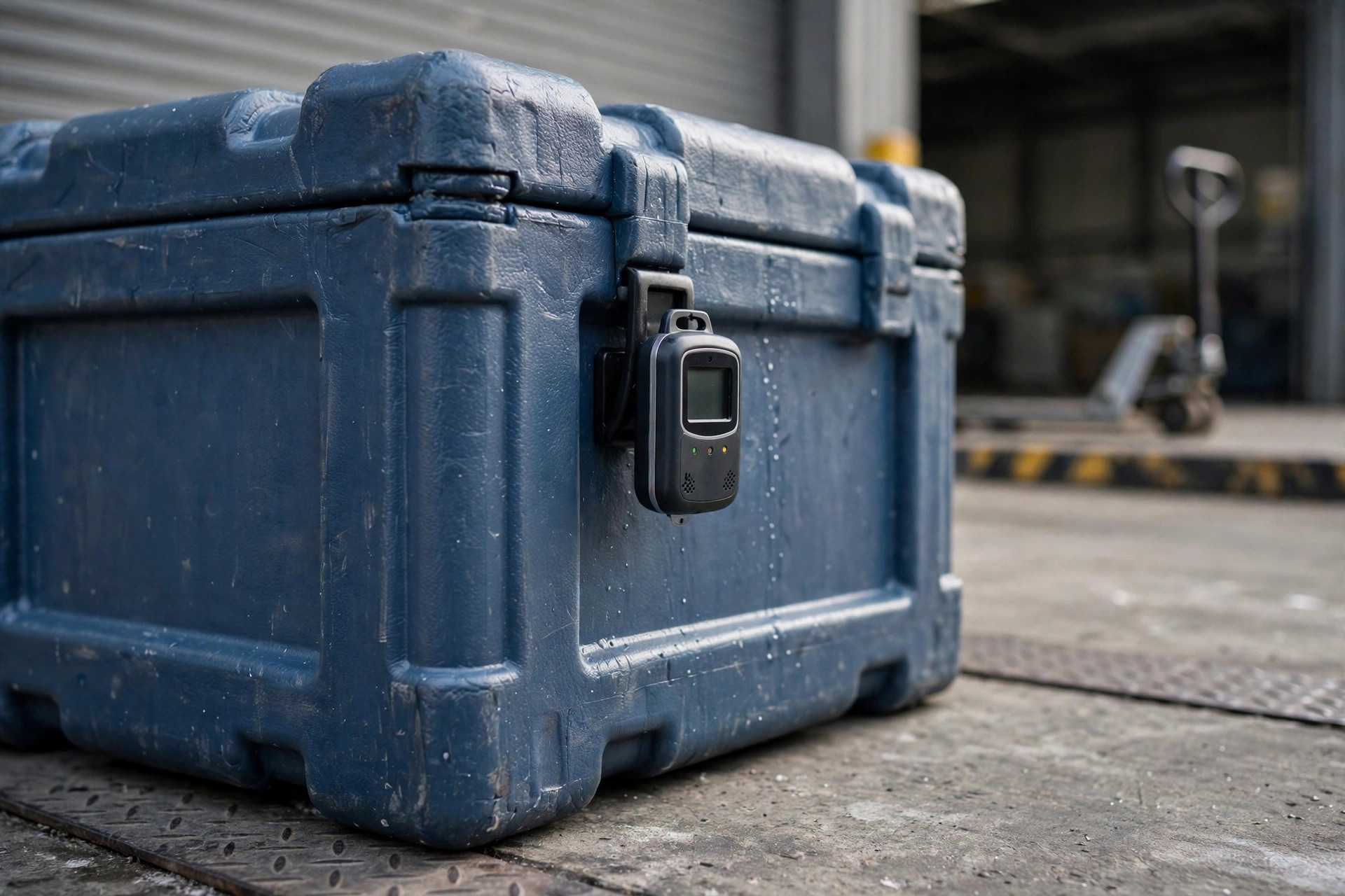 Close-up of an insulated cold chain box with a temperature data logger waiting on the dock for shipment