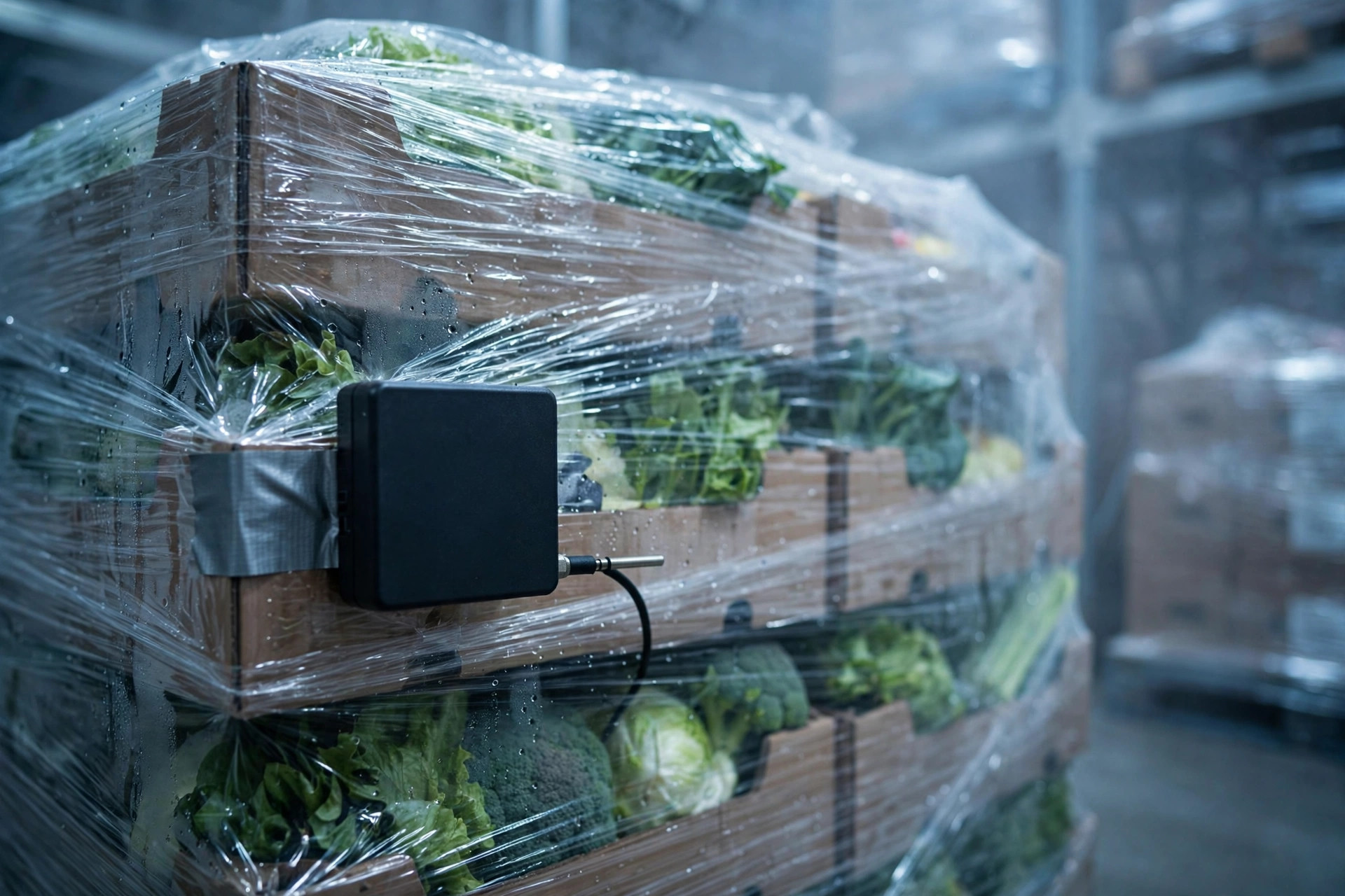Enregistreur de données de température sur une palette de produits de la chaîne du froid