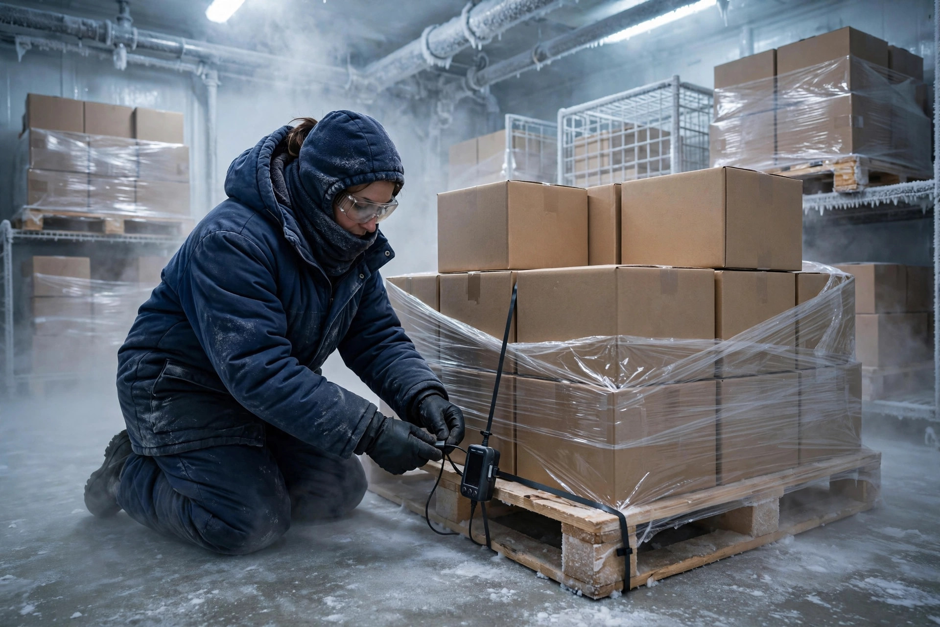Trabajador de almacén refrigerado colocando un registrador de datos de temperatura en mercancía paletizada