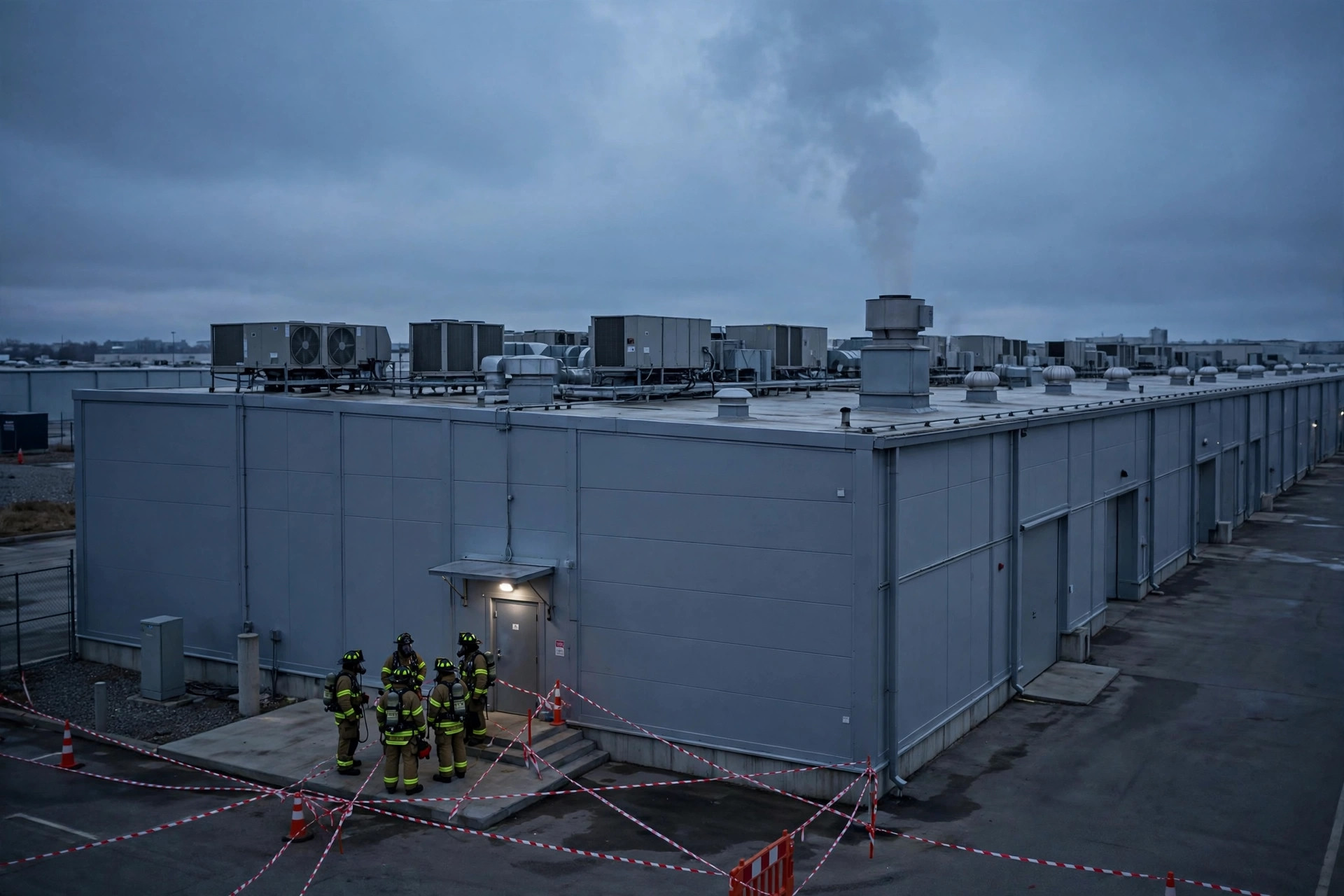 Emergency responders staging outside a cold storage warehouse during an ammonia leak response