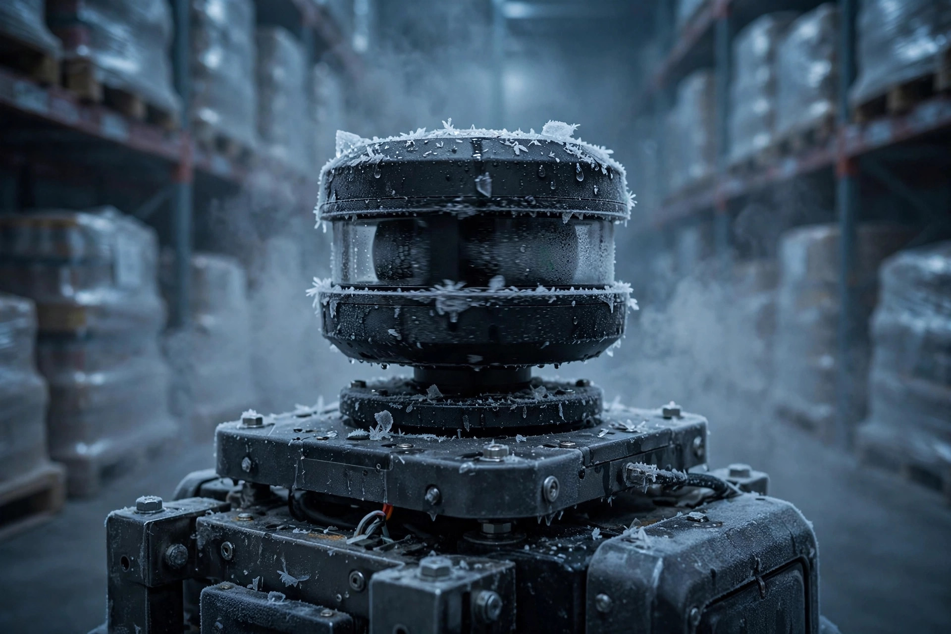 AMR navigating a frosty cold-storage aisle