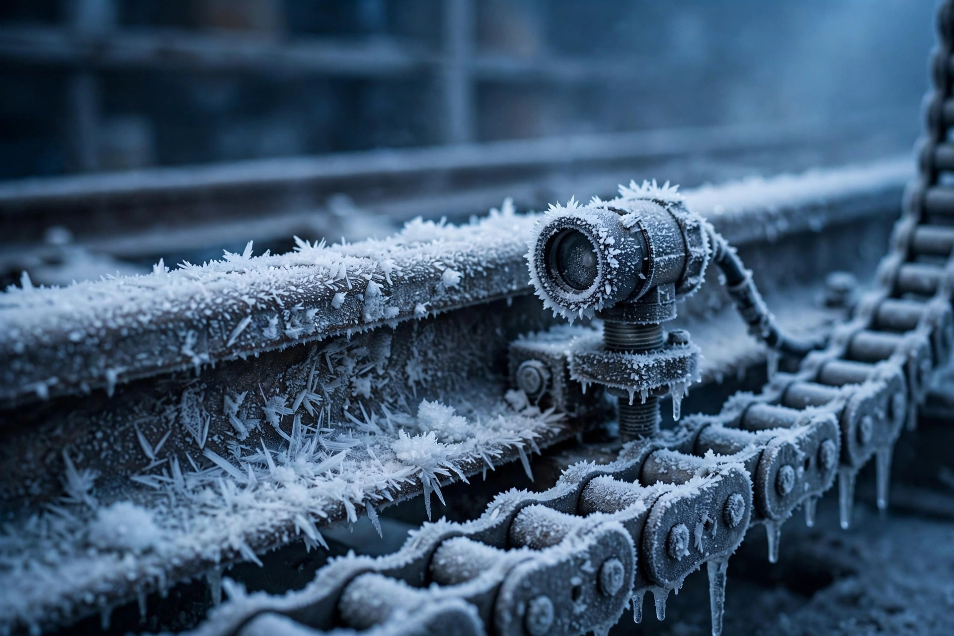 Frost-covered stacker crane rail and sensor close-up in a freezer warehouse