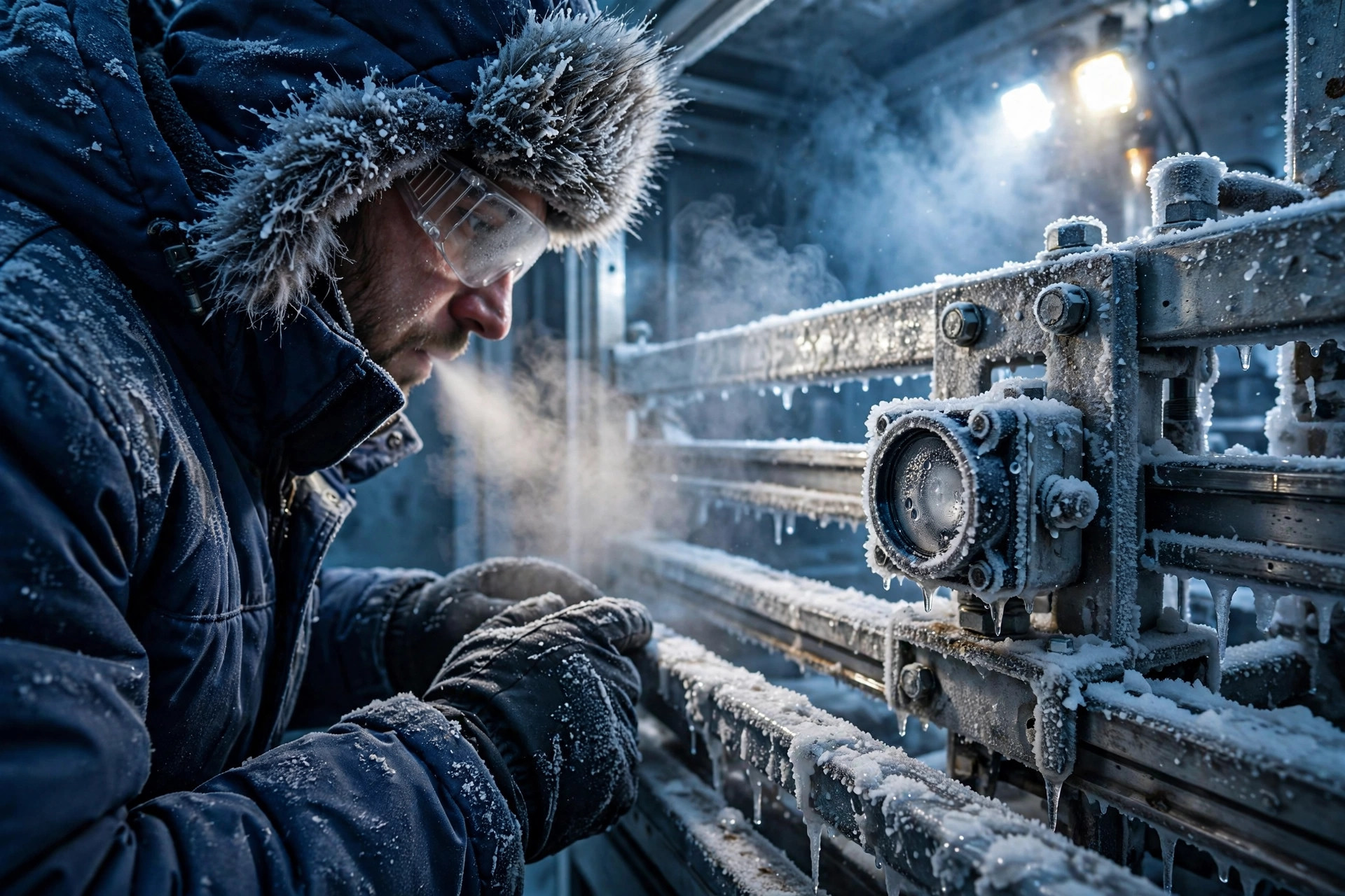 Close-up of frost-covered sensors on automation equipment inside a freezer warehouse