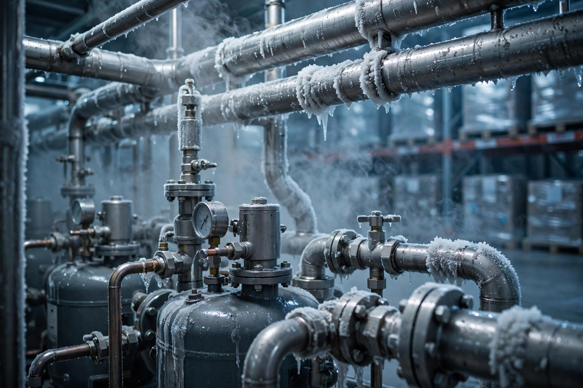 Close-up of industrial refrigeration units and frosted pipes inside a cold storage warehouse