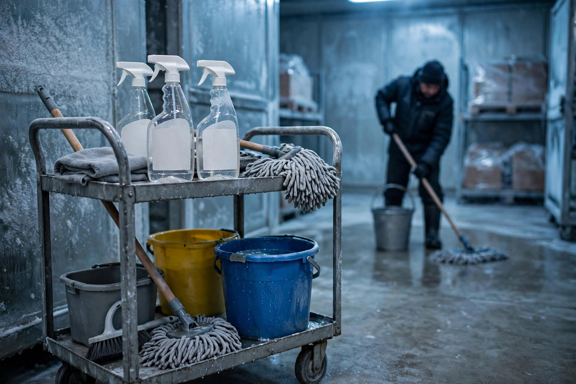 Cold storage rack and floor cleaning in a food warehouse