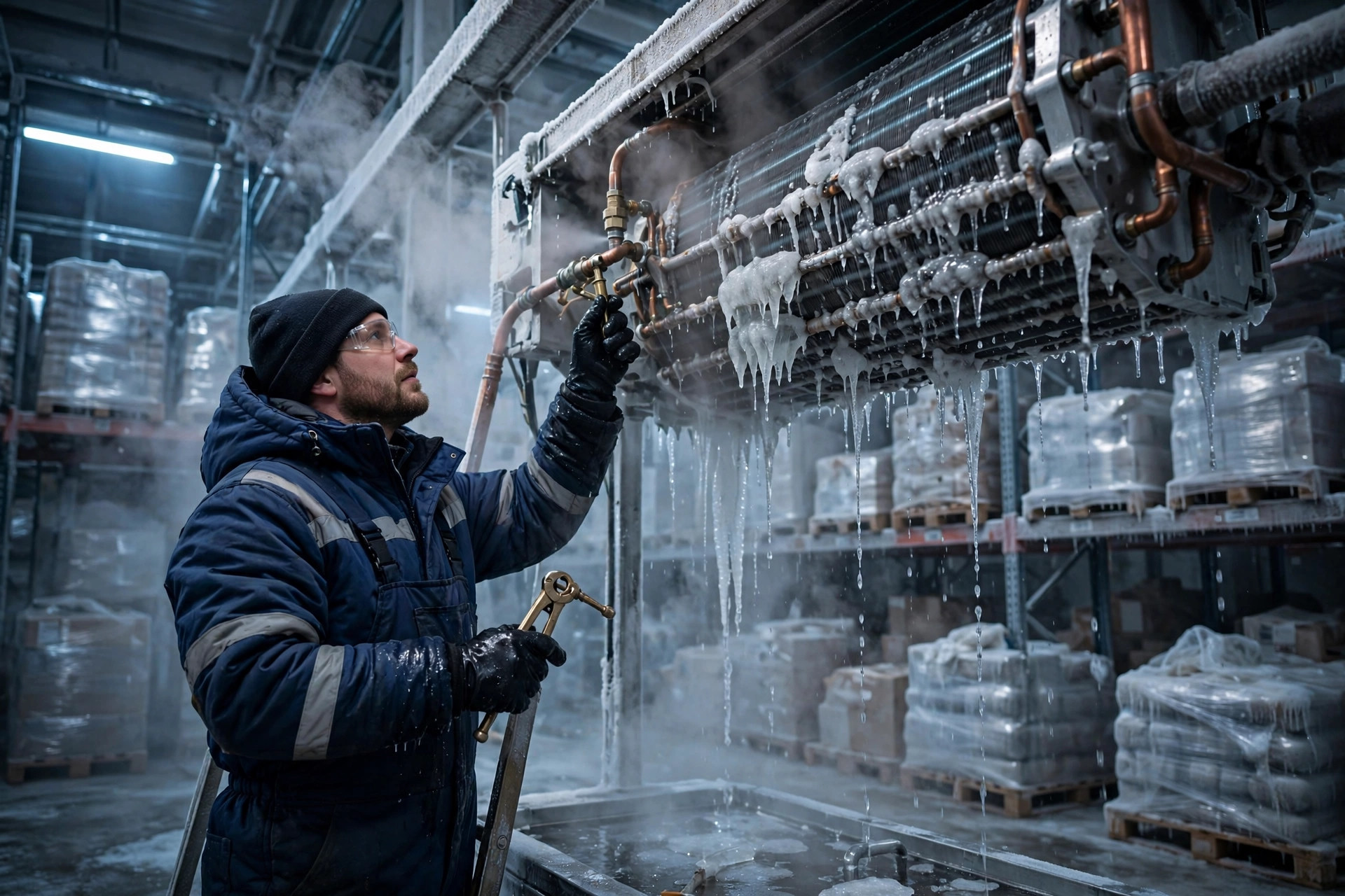 Técnico executando degelo a gás quente em um evaporador dentro de um armazém frigorífico, gelo derretendo da serpentina