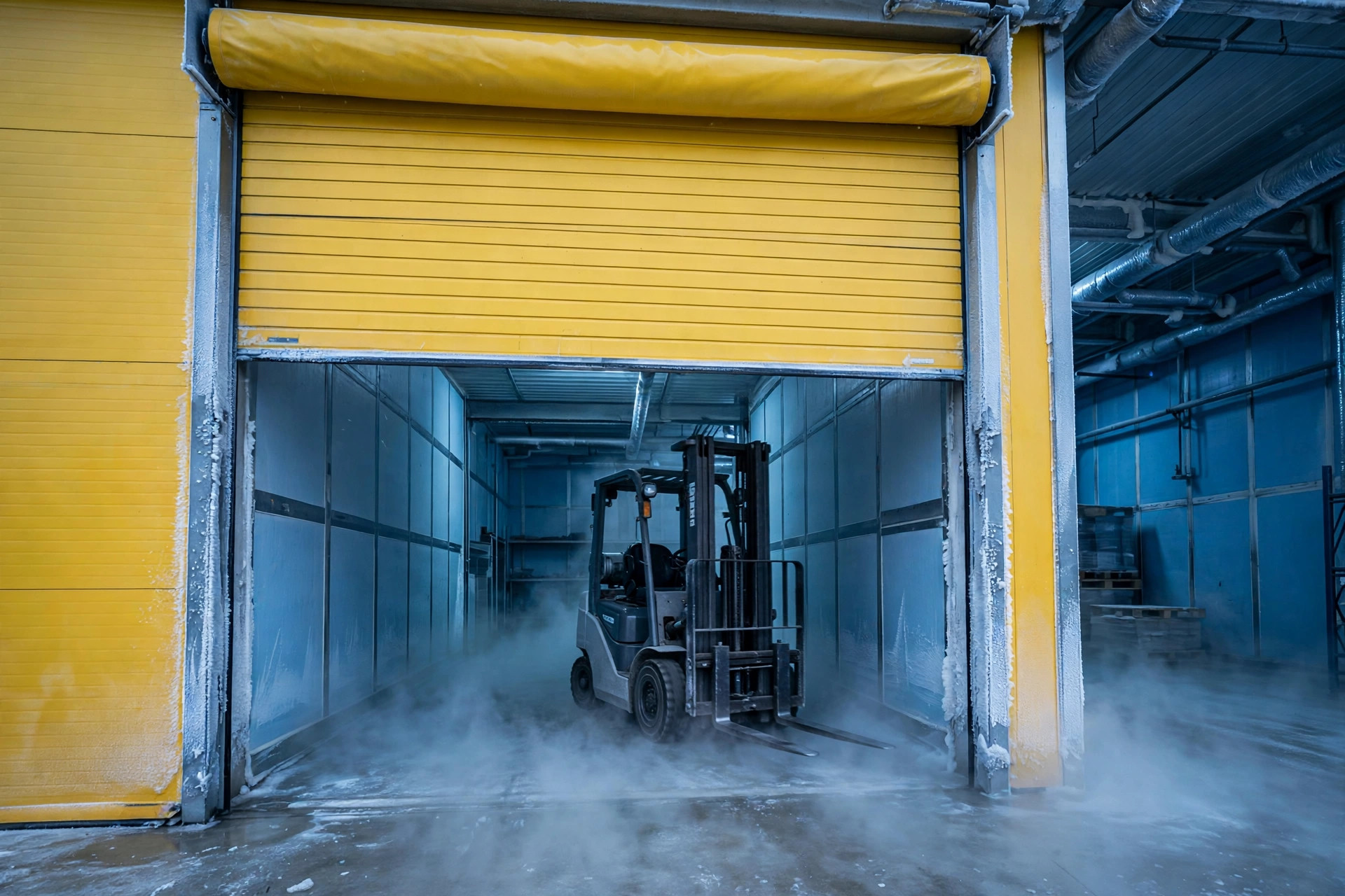 Worker pushing a pallet jack through a PVC strip curtain at a cold storage door, cold air drifting