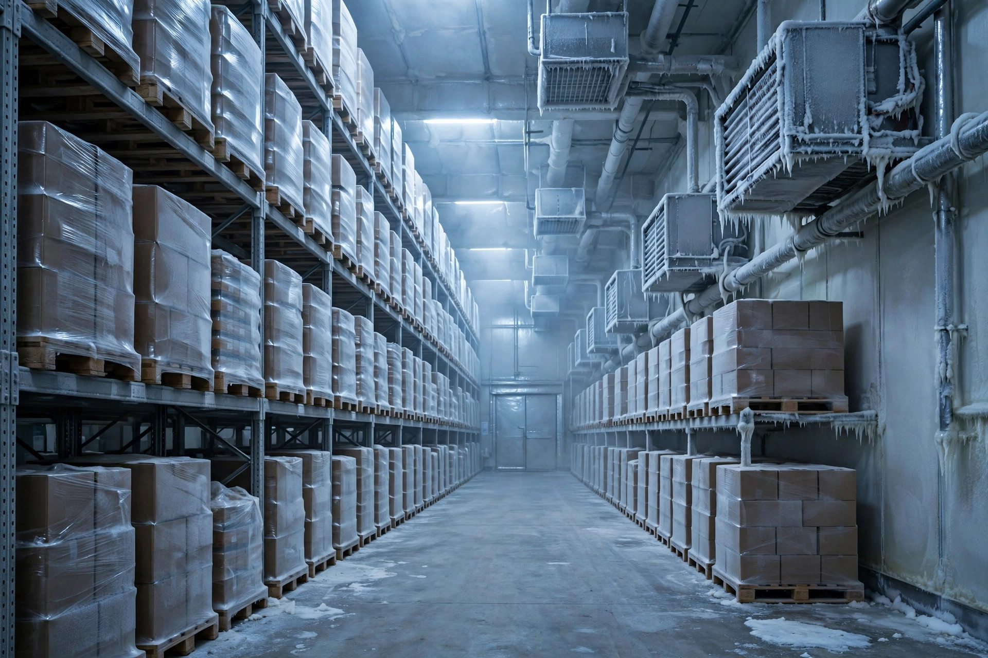 Interior of a cold storage warehouse with tall pallet racking and frosted refrigeration evaporator units