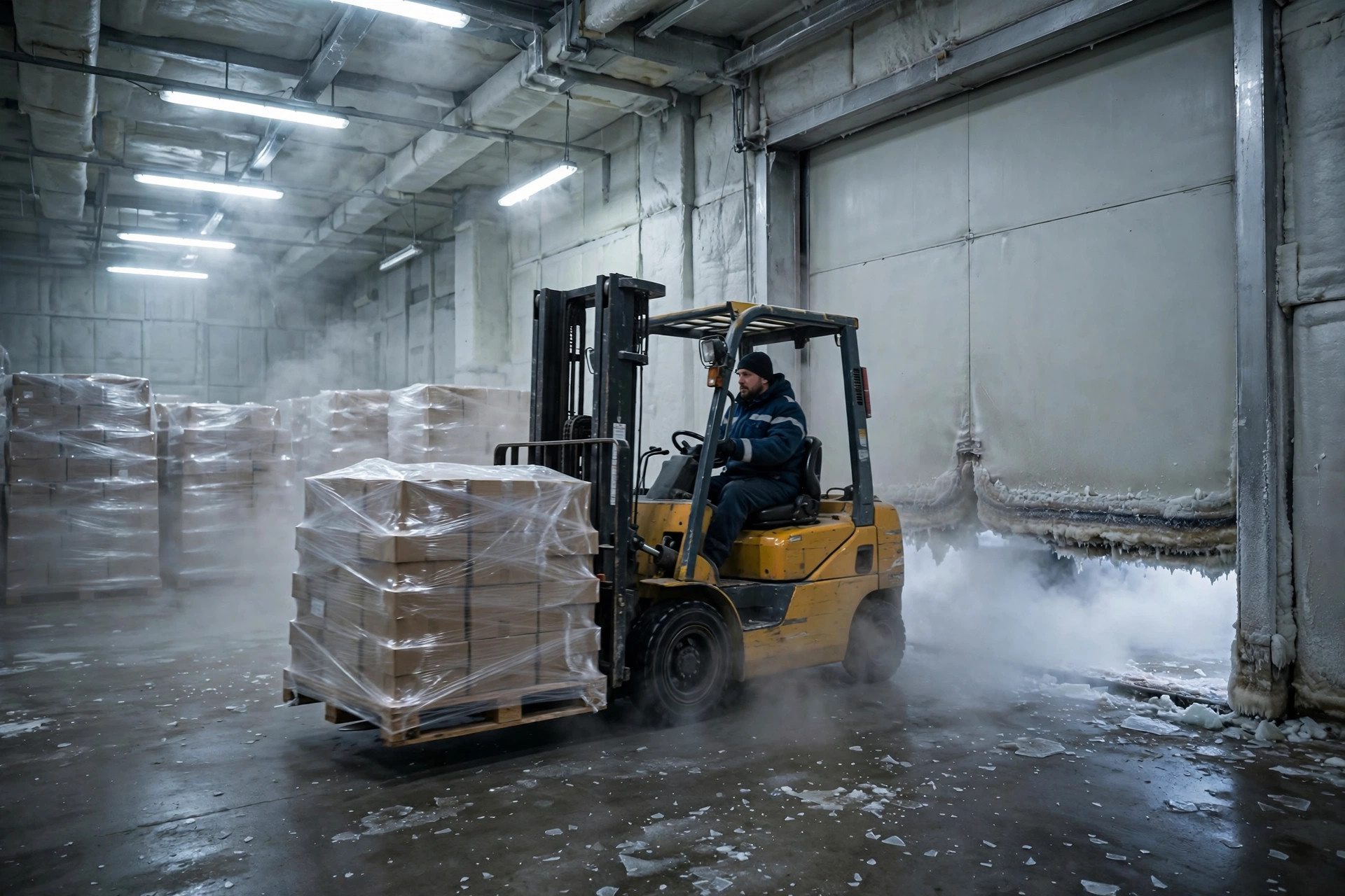 Forklift operating near an insulated door in a cold storage facility