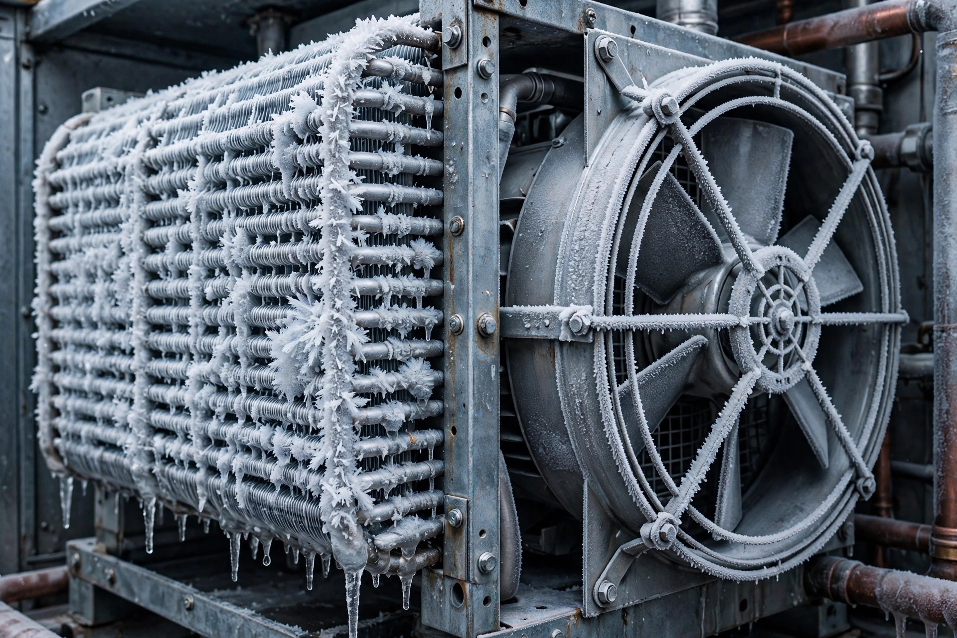 Serpentines del evaporador escarchados en una instalación de almacenamiento en frío