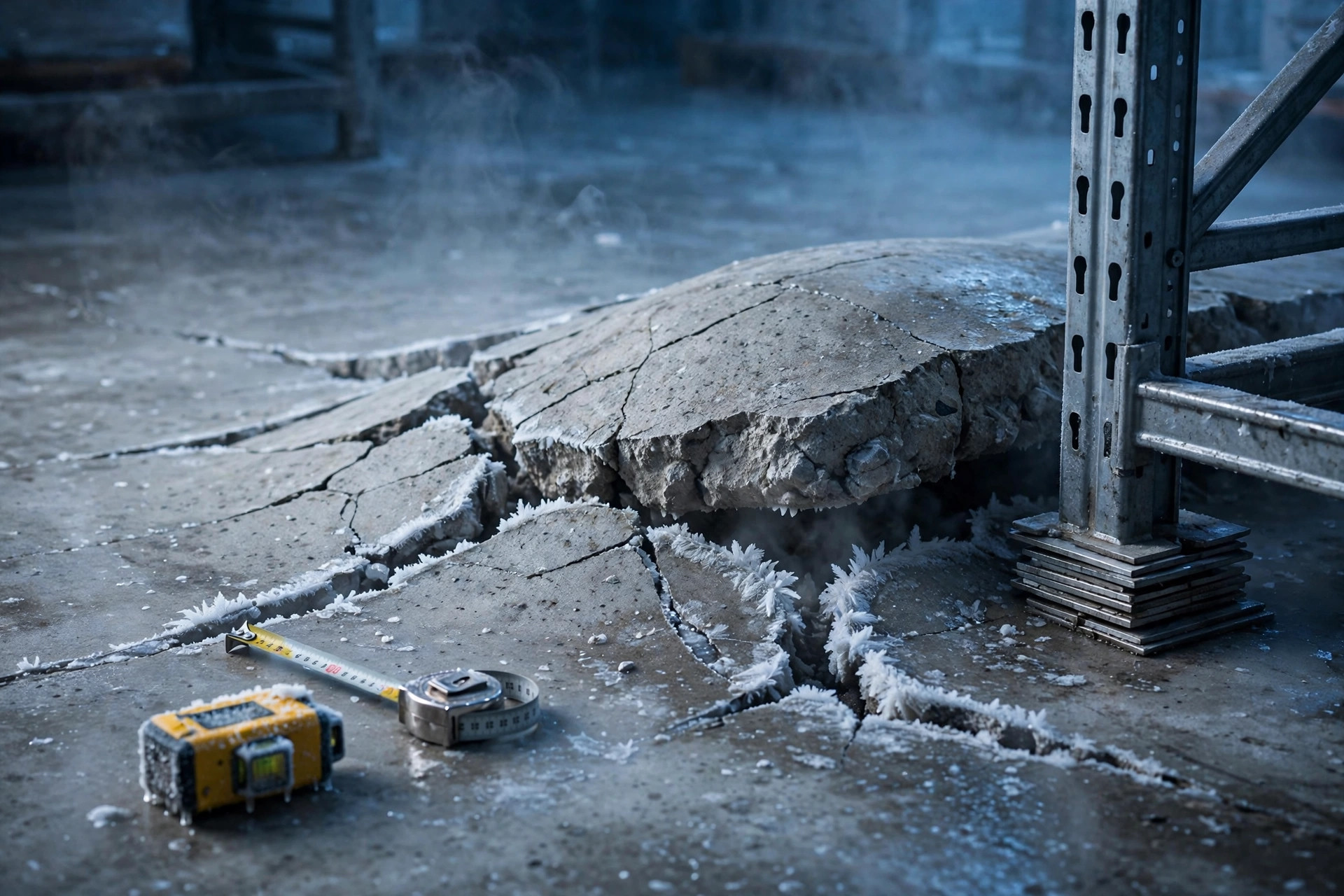 close-up of a heaved freezer floor with frost-filled cracks, a shimmed pallet rack leg beside it