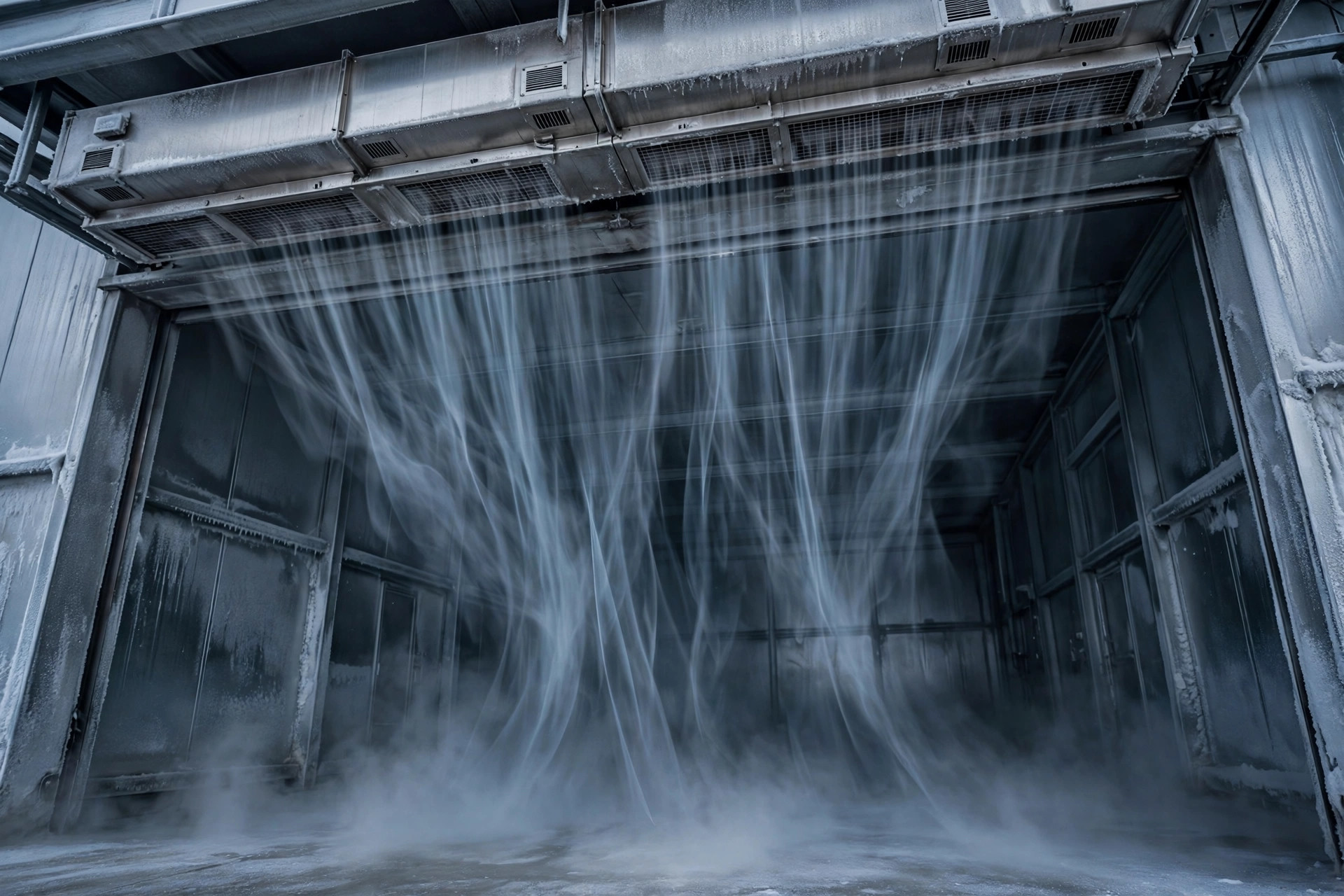 An industrial air curtain above a cold storage doorway blasting a visible wall of air to separate cold and warm air