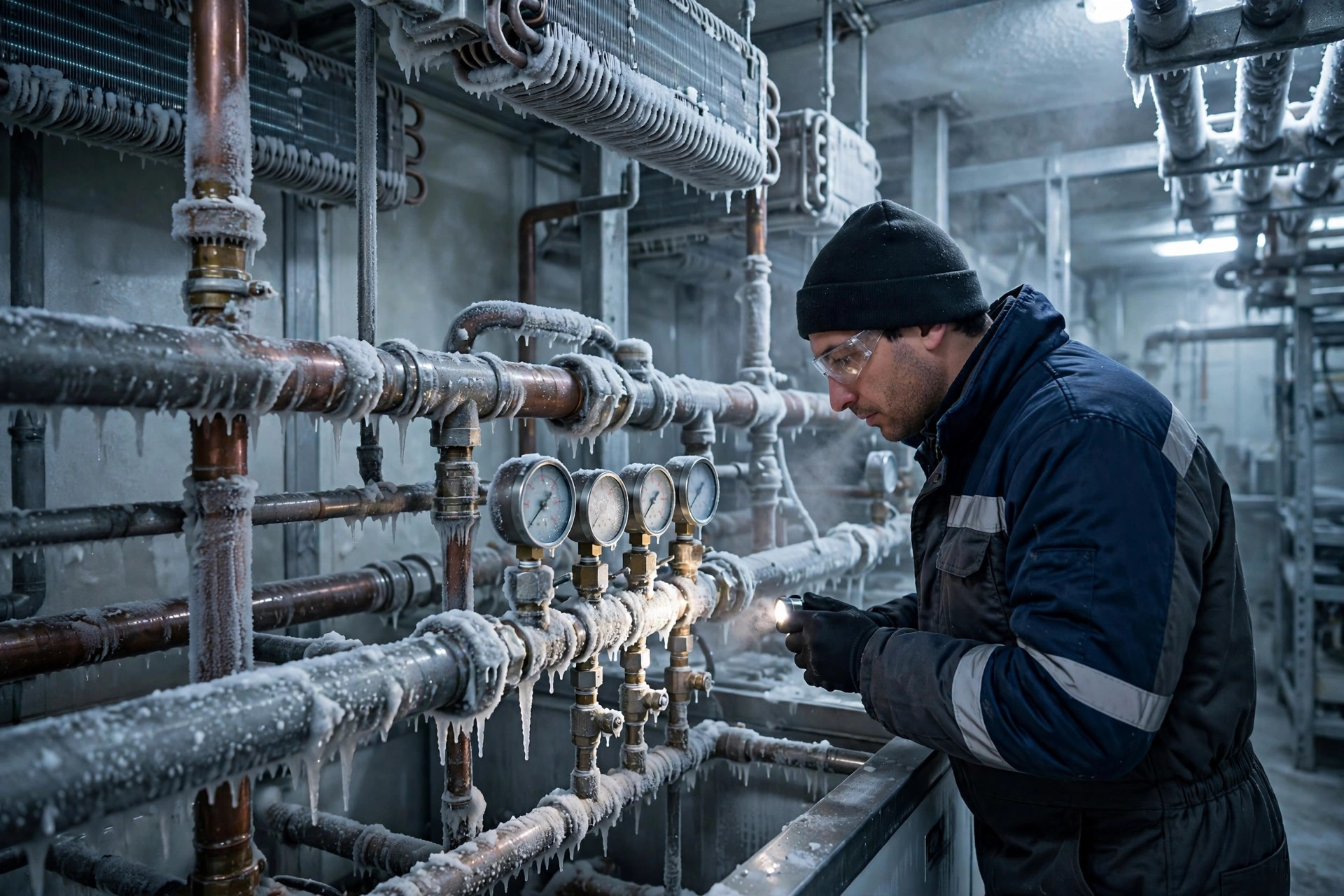Technician inspecting cold storage refrigeration piping