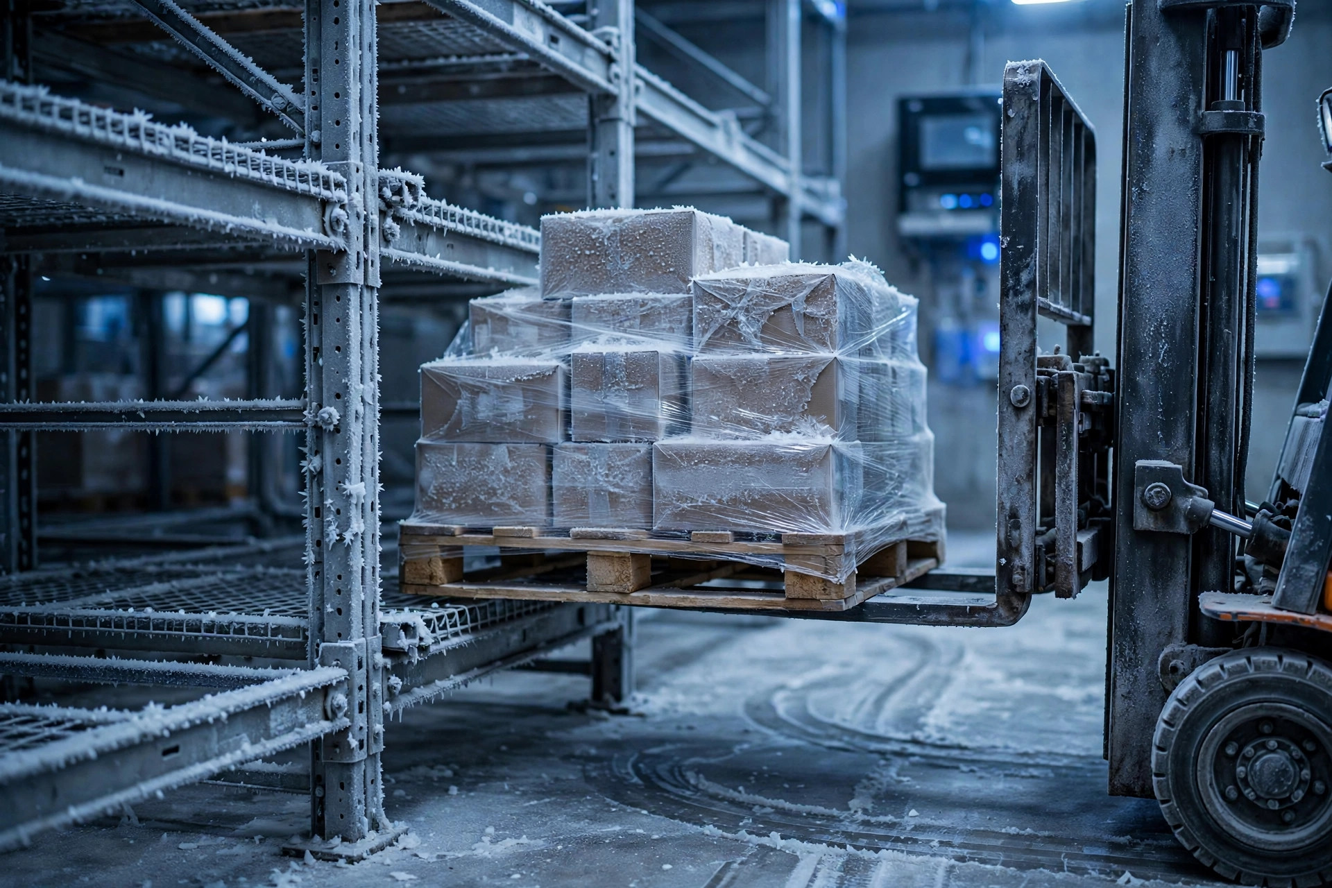 Forklift placing a pallet in a frozen warehouse aisle