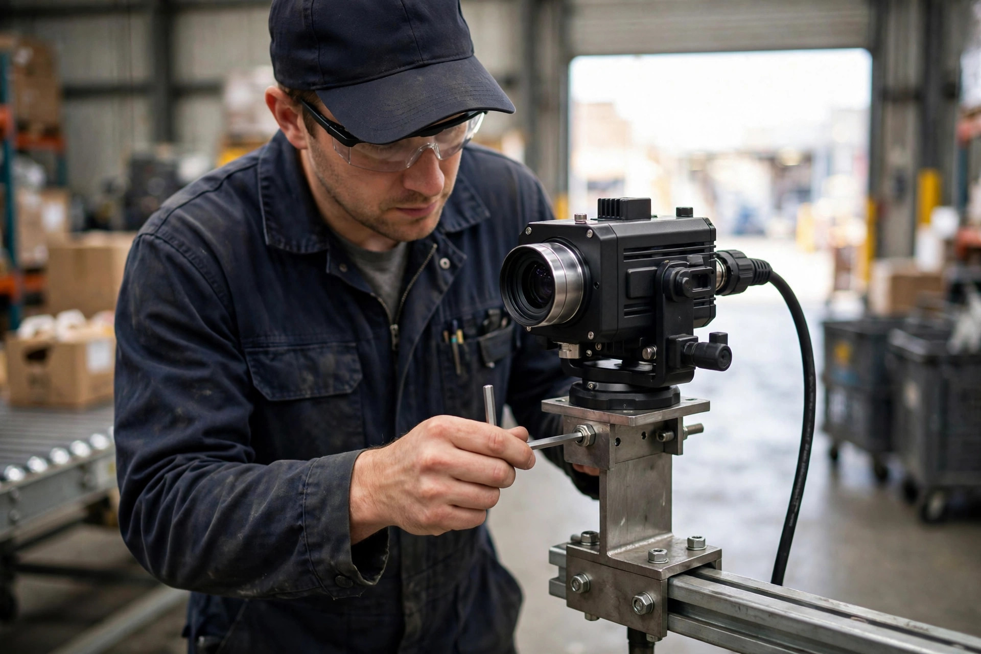 Close-up of an engineer installing and calibrating a vision inspection camera at the dock door