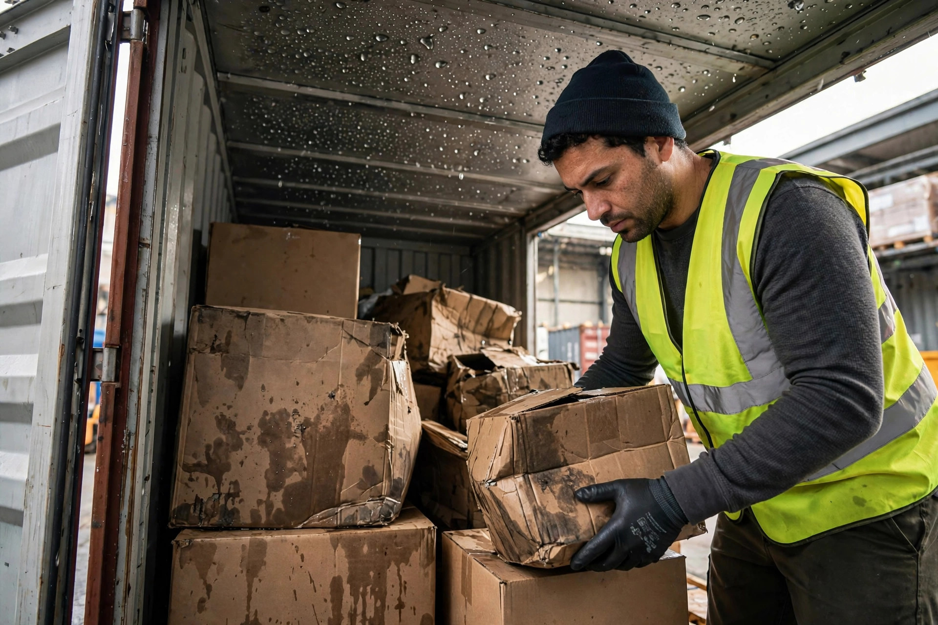 Inspecting moisture-damaged cargo after opening a container