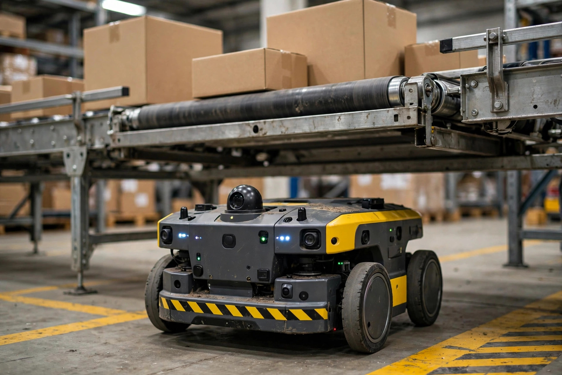 An AMR waiting at the end of a conveyor line for handoff