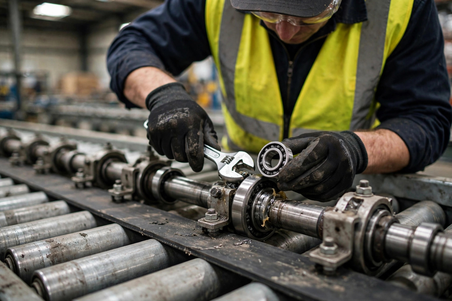 Close-up of conveyor rollers and belt during bearing replacement