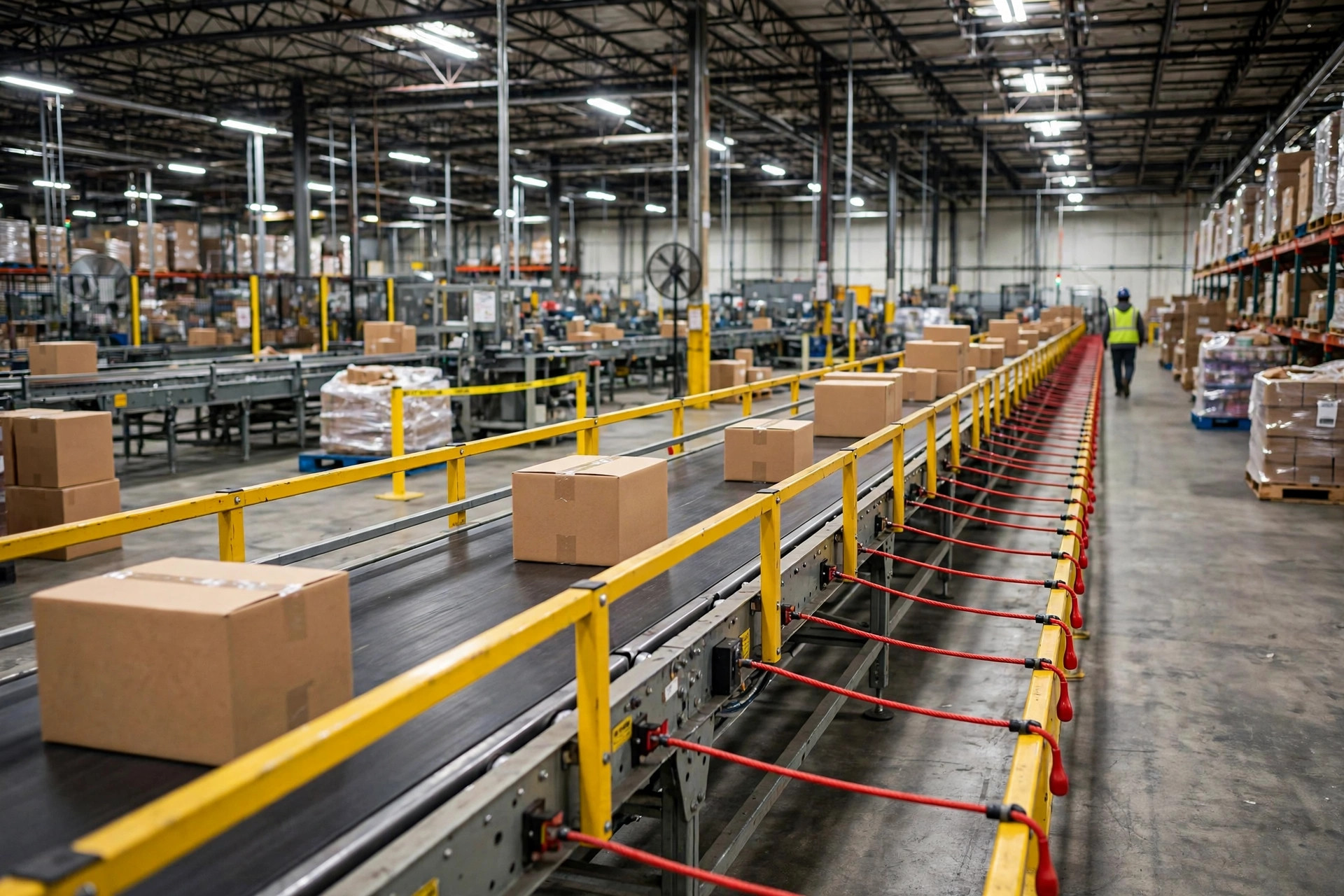 Emergency stop pull cord switch and cable running along a warehouse conveyor