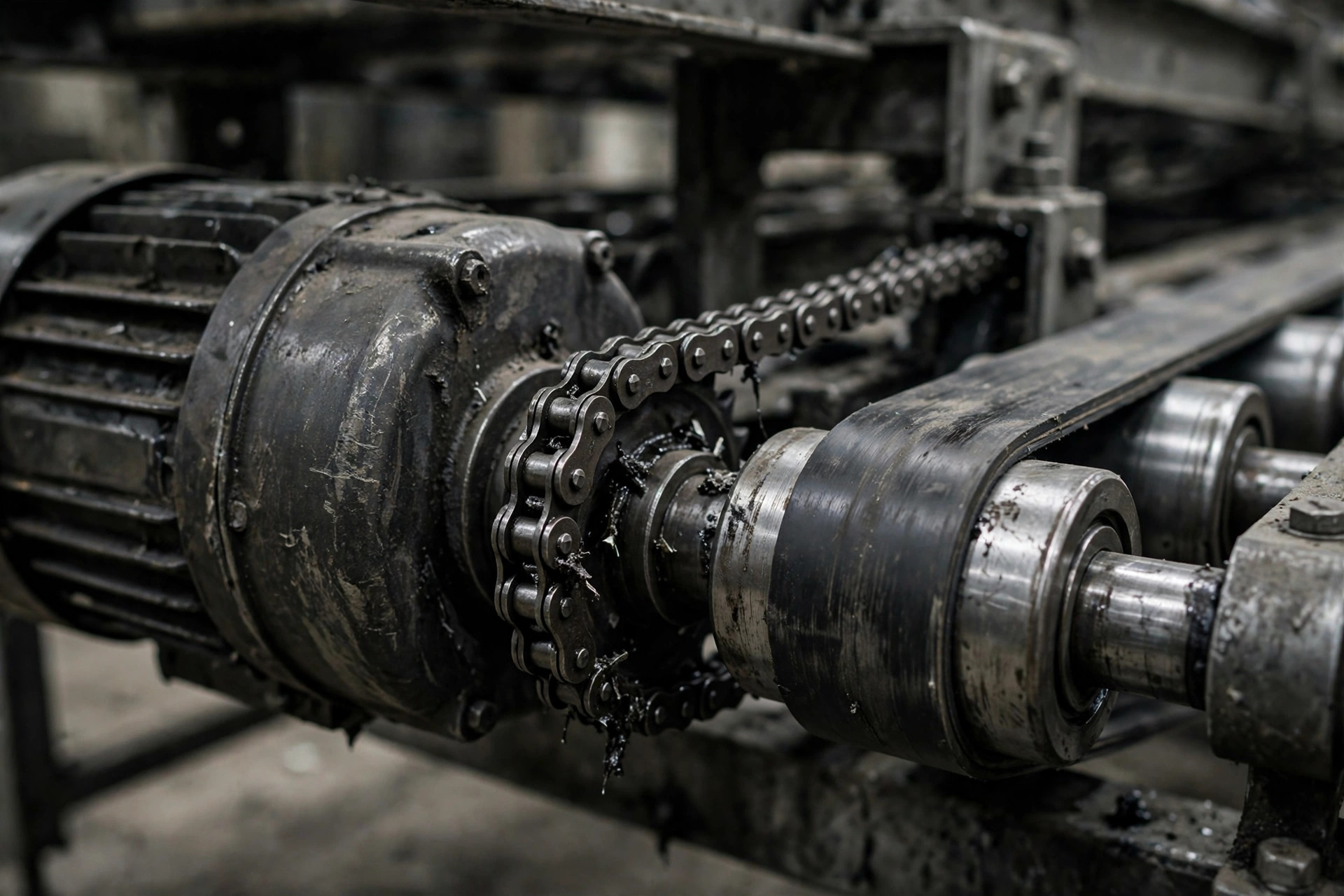 Close-up of a conveyor drive motor and roller assembly