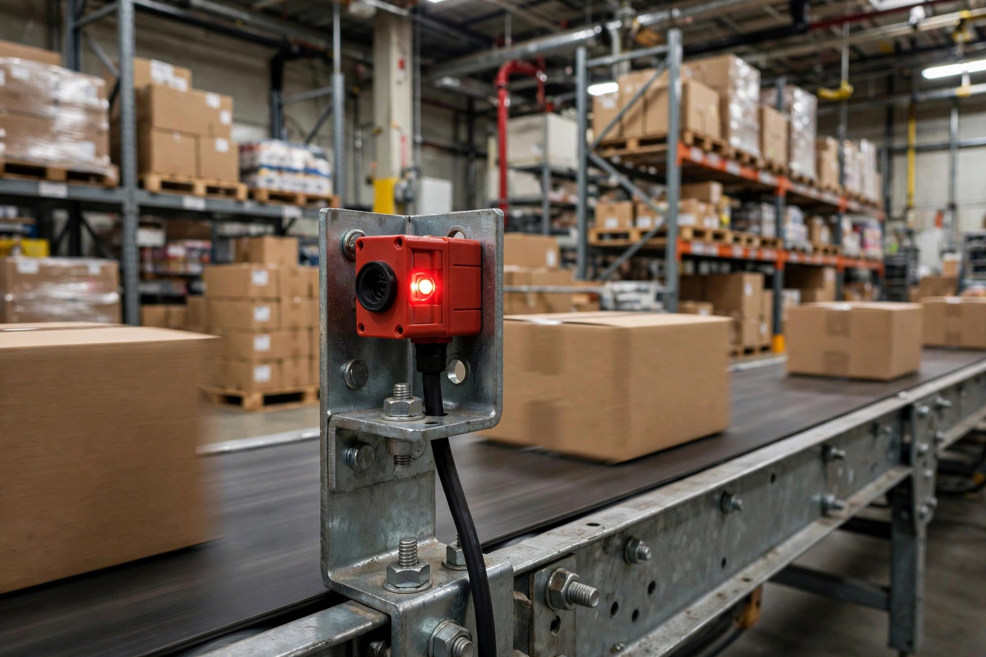 Close-up of a red photoelectric sensor with glowing indicator light mounted beside a conveyor
