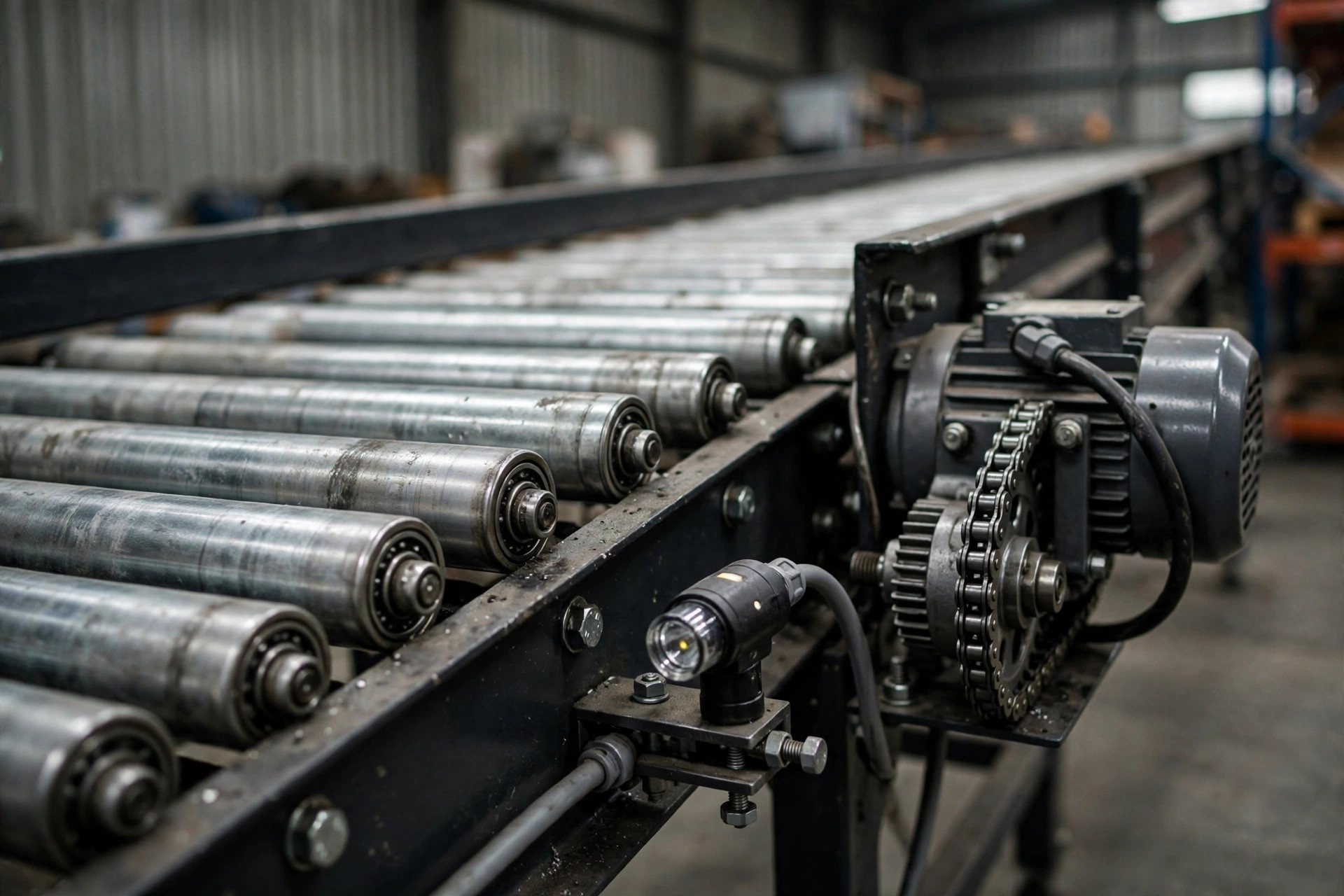Close-up of conveyor rollers, drive motor and photoelectric sensor