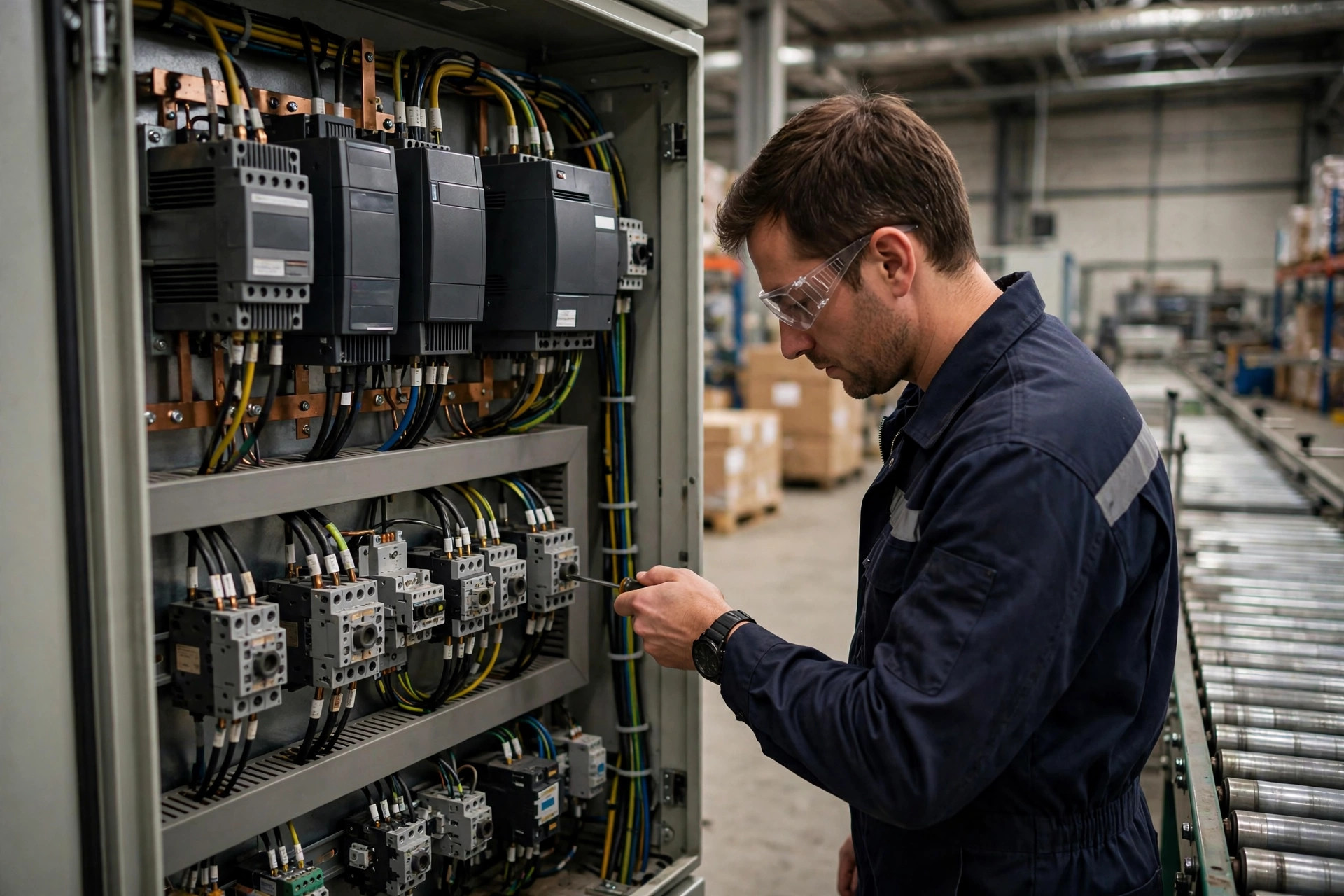 Close-up of VFDs inside a conveyor control cabinet, engineer commissioning the drives
