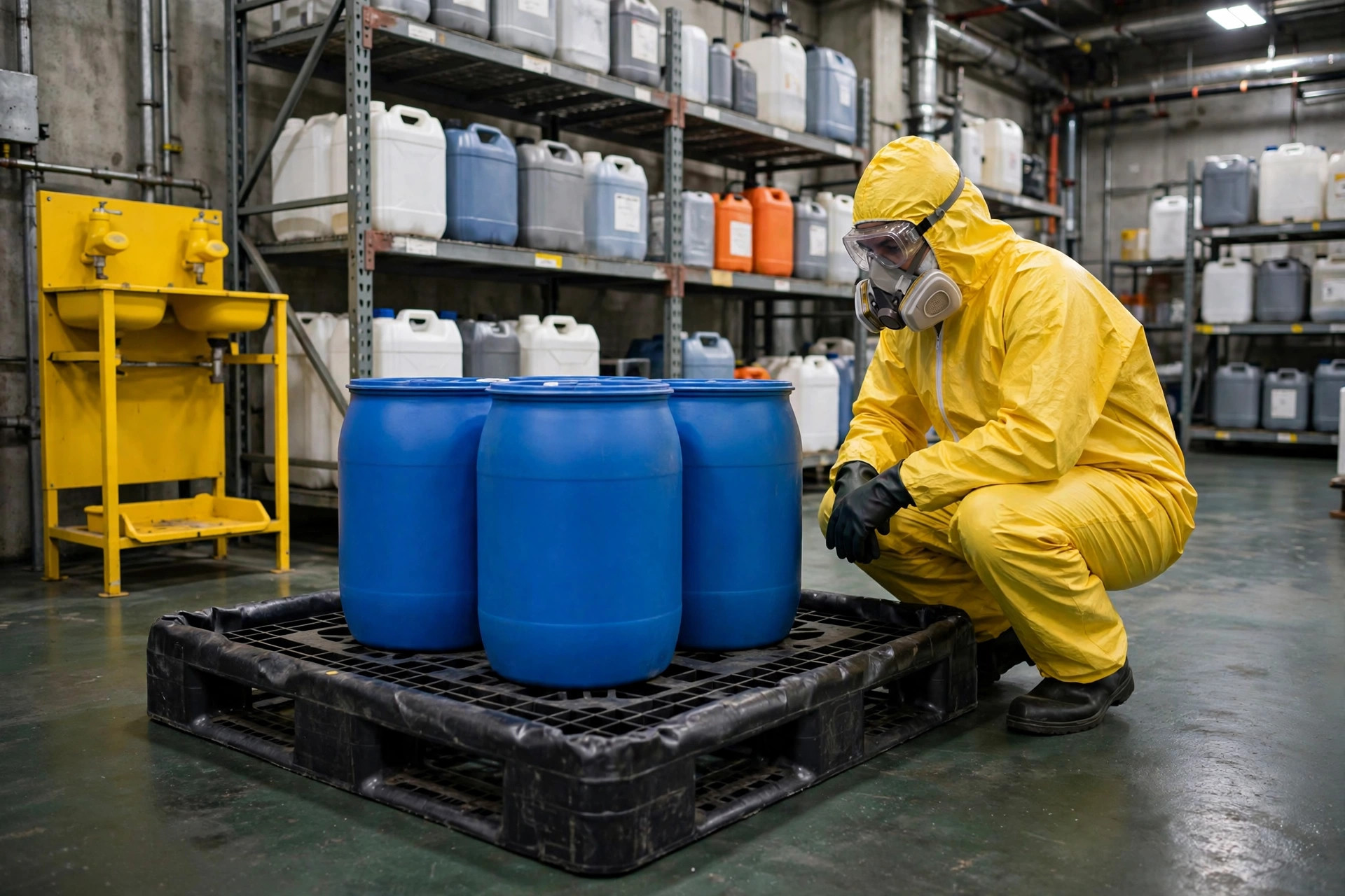 Chemical drums stored in segregated spill-containment pallets