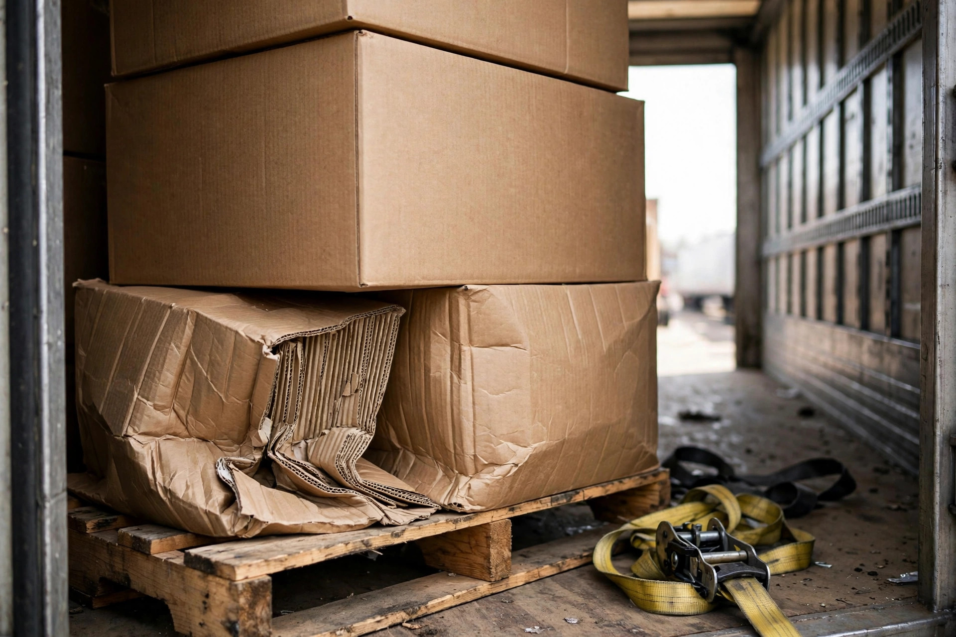 Double-stacked cartons on a pallet inside a truck trailer, the bottom box buckling under the load