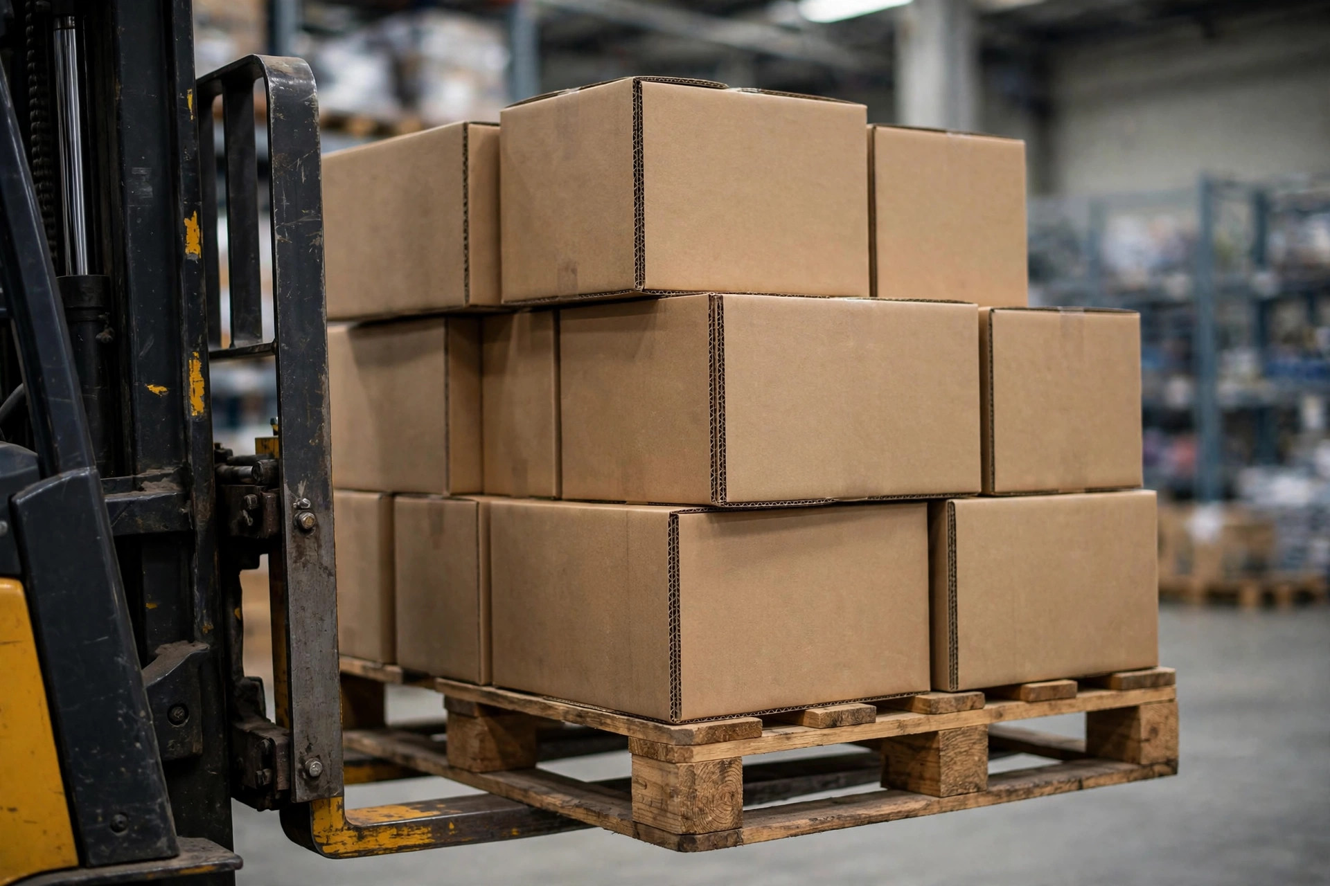 Primer plano de cartones apilados en un pallet