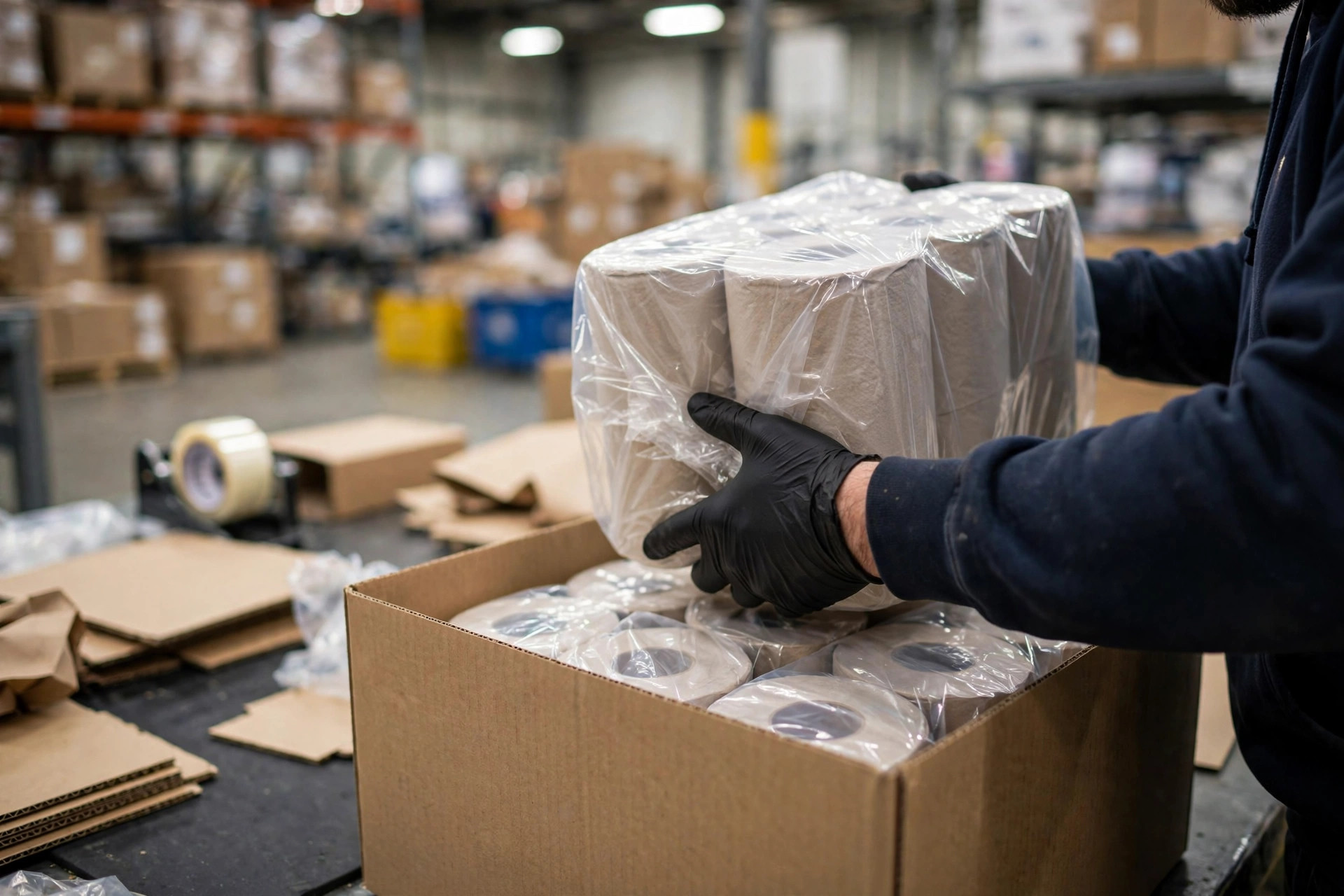 Bulk-pack products staged in warehouse storage
