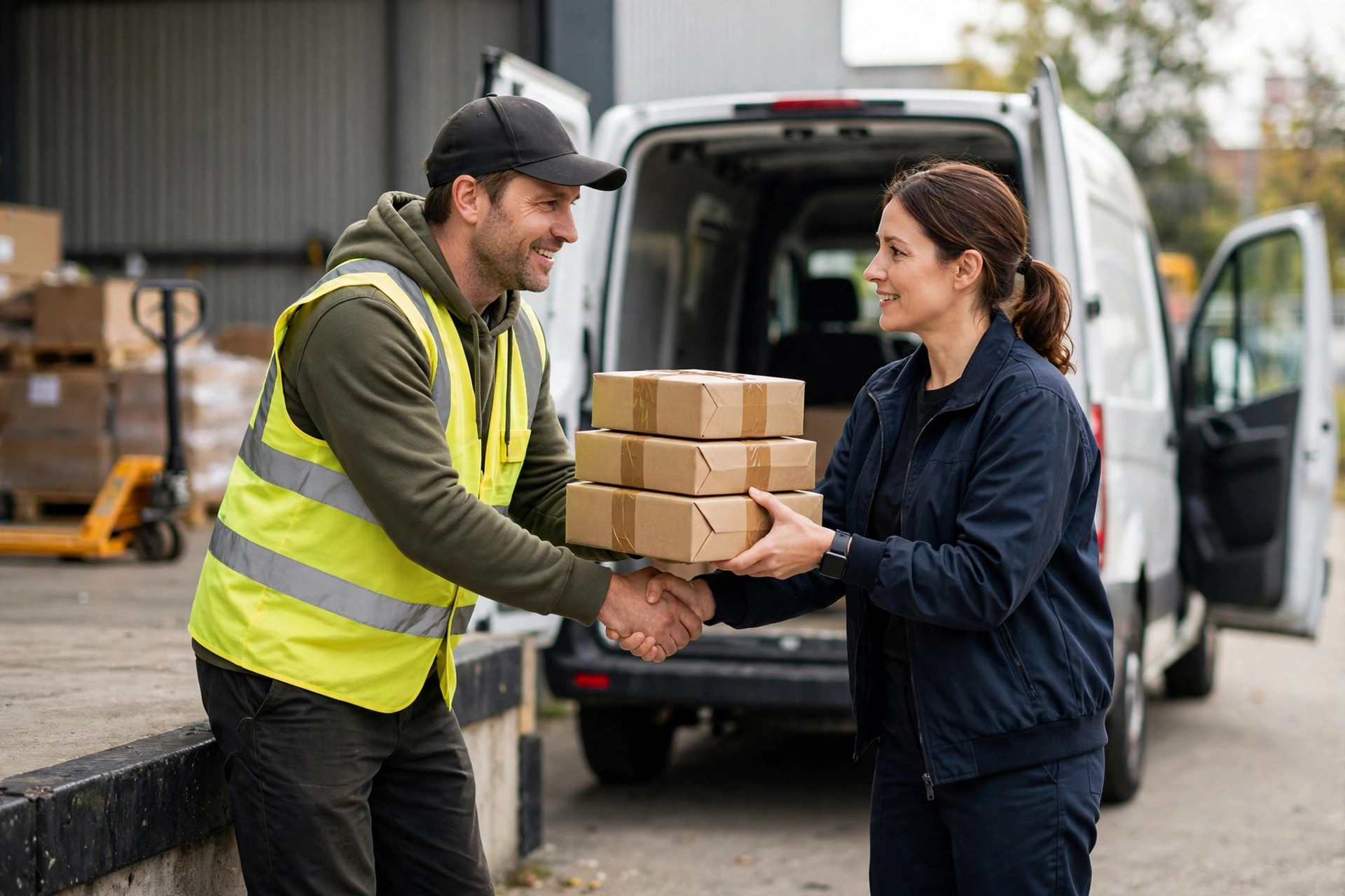 Warehouse staff handing parcels to a courier