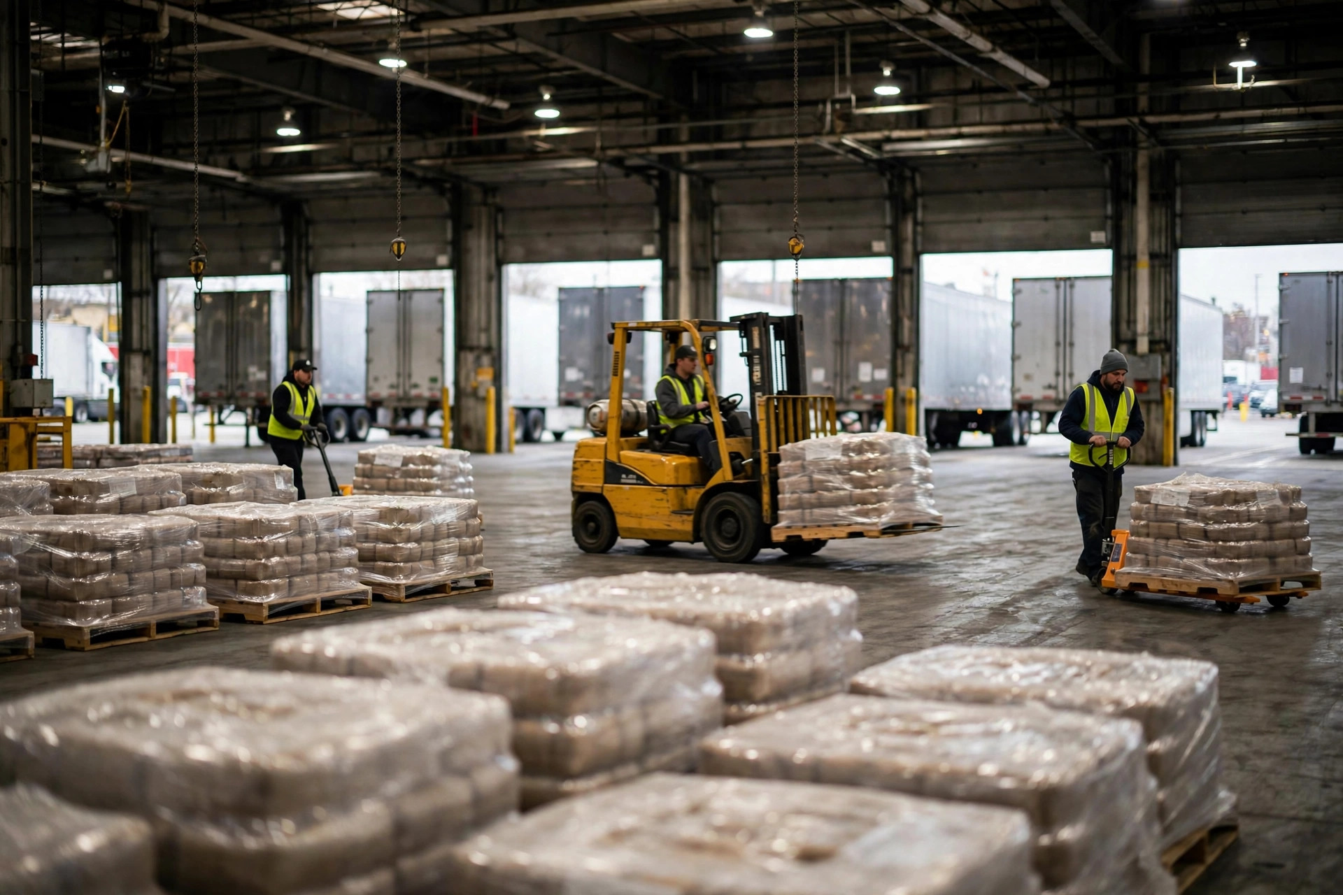 Forklift moving pallets between dock doors in a cross-dock facility