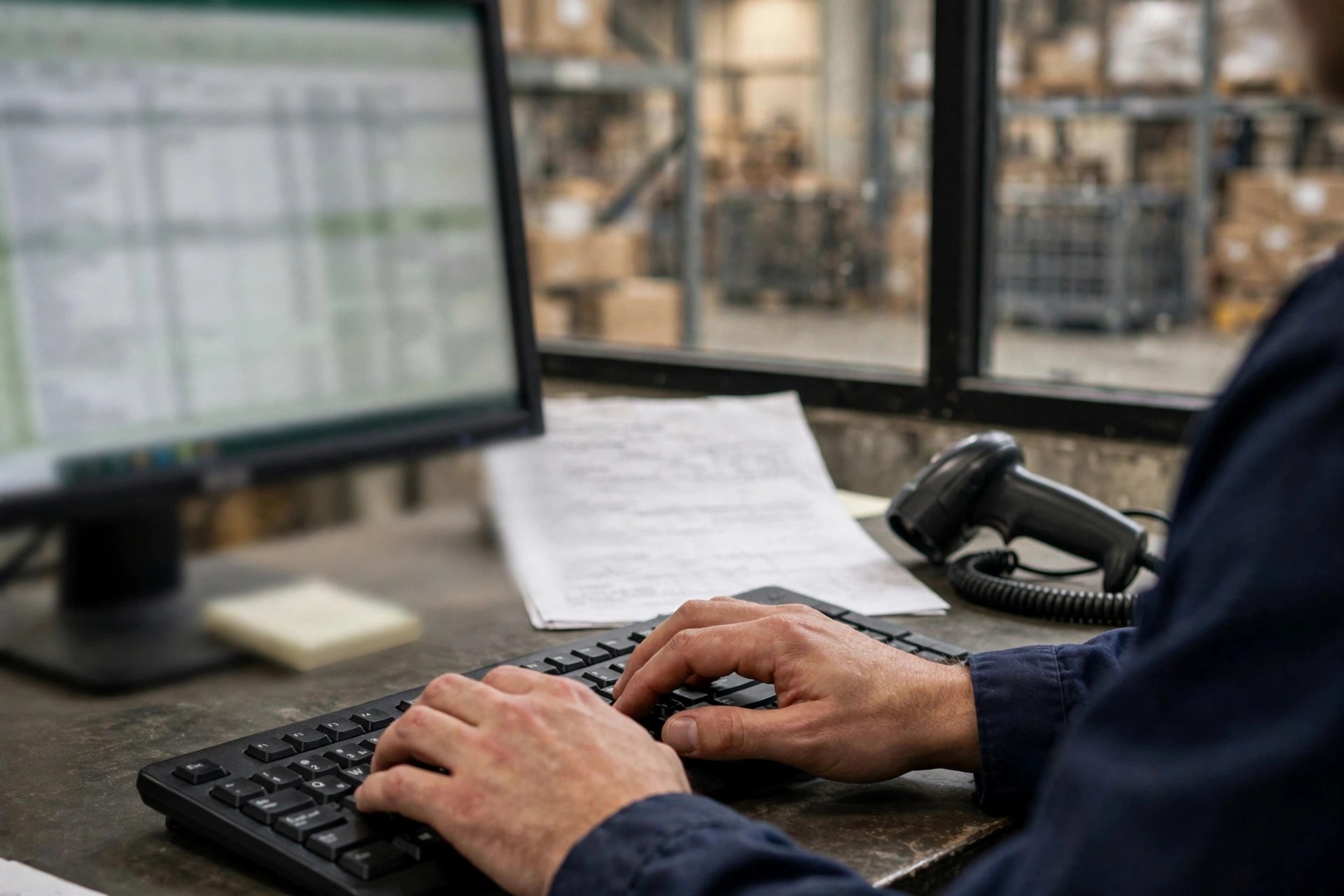 A warehouse clerk checking a customer order spreadsheet on a computer