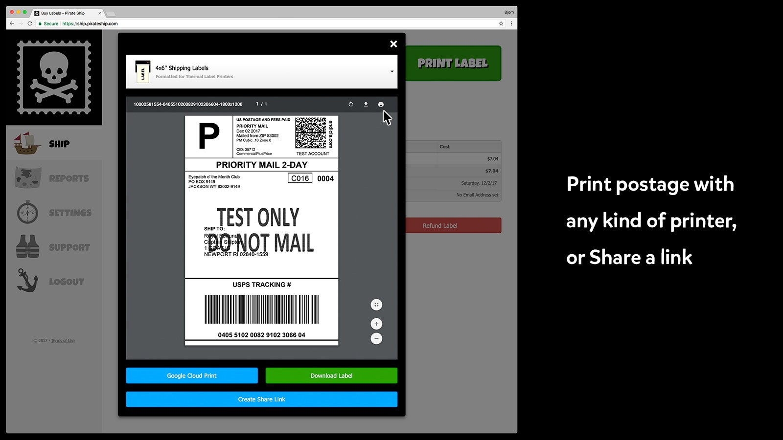 Screenshot of a USPS Priority Mail Cubic label in Pirate Ship, showing the cubic service indicator on the label