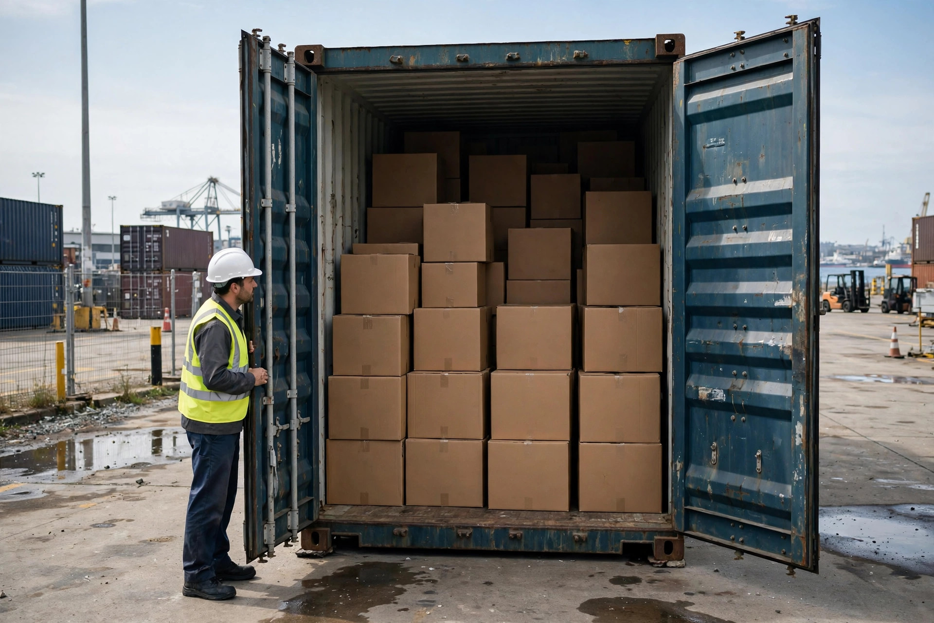 An opened shipping container with cargo at a customs inspection area