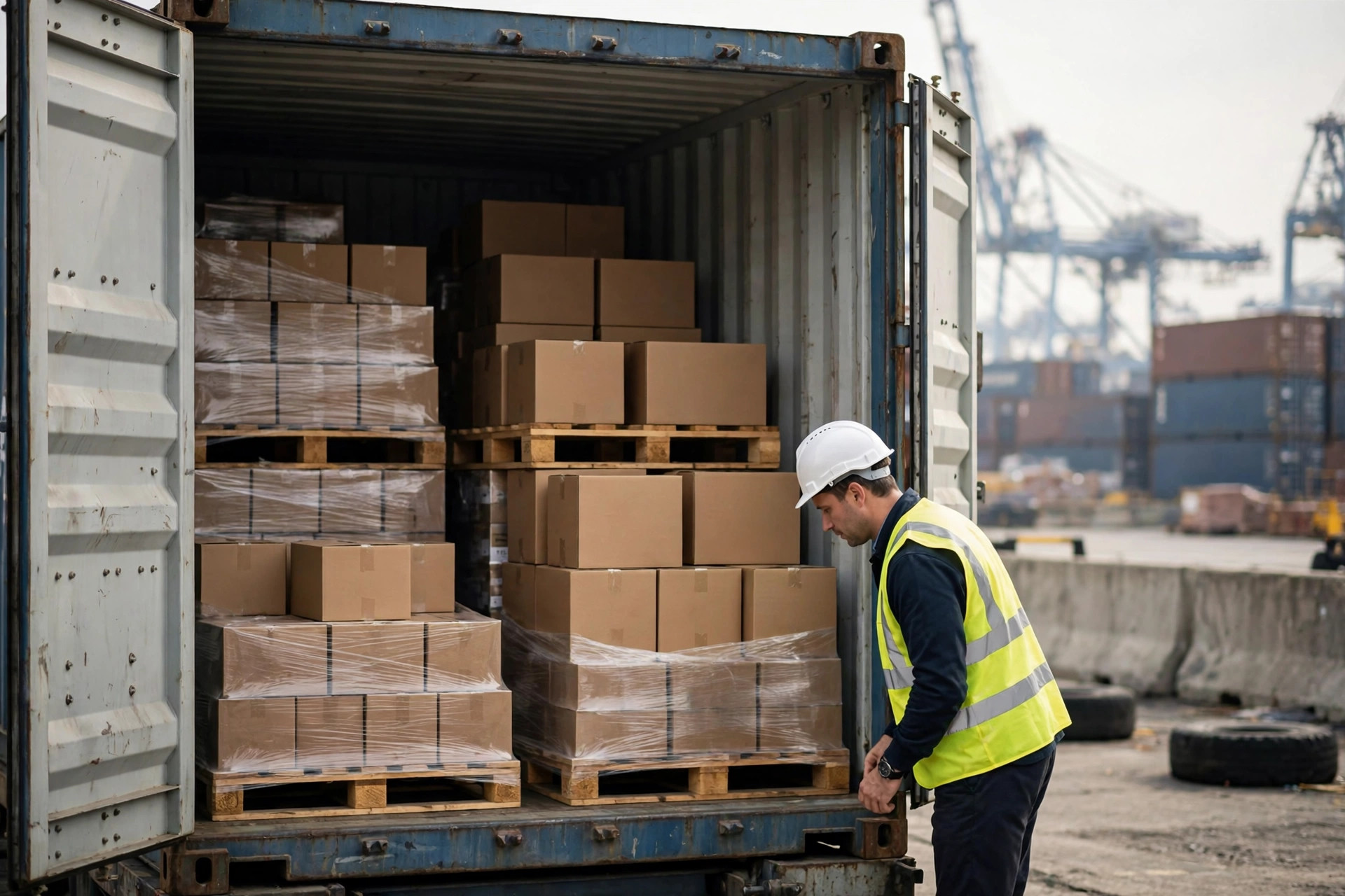An open shipping container being inspected at the port