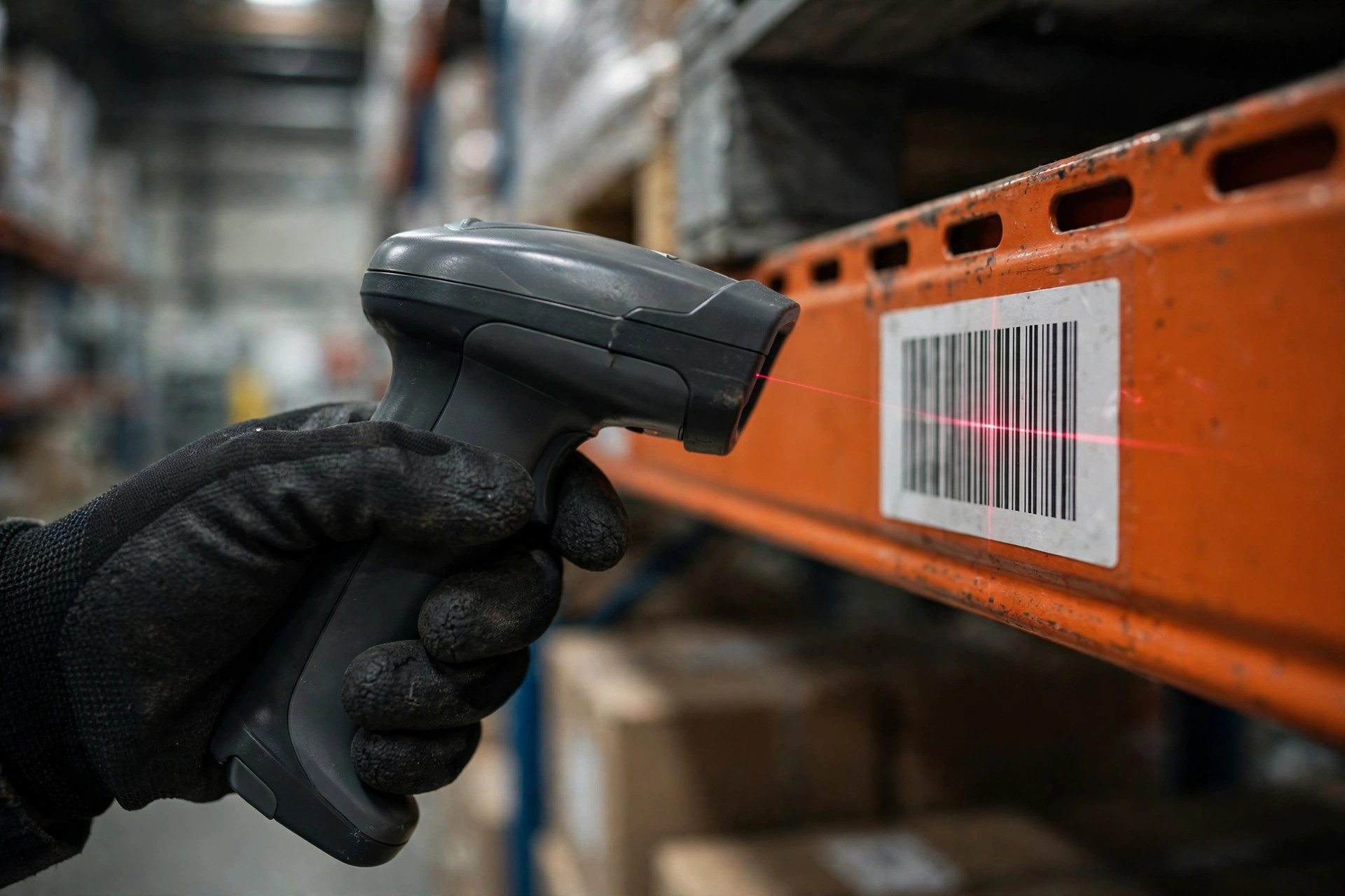 Close-up of a warehouse worker scanning a rack location label with a handheld scanner