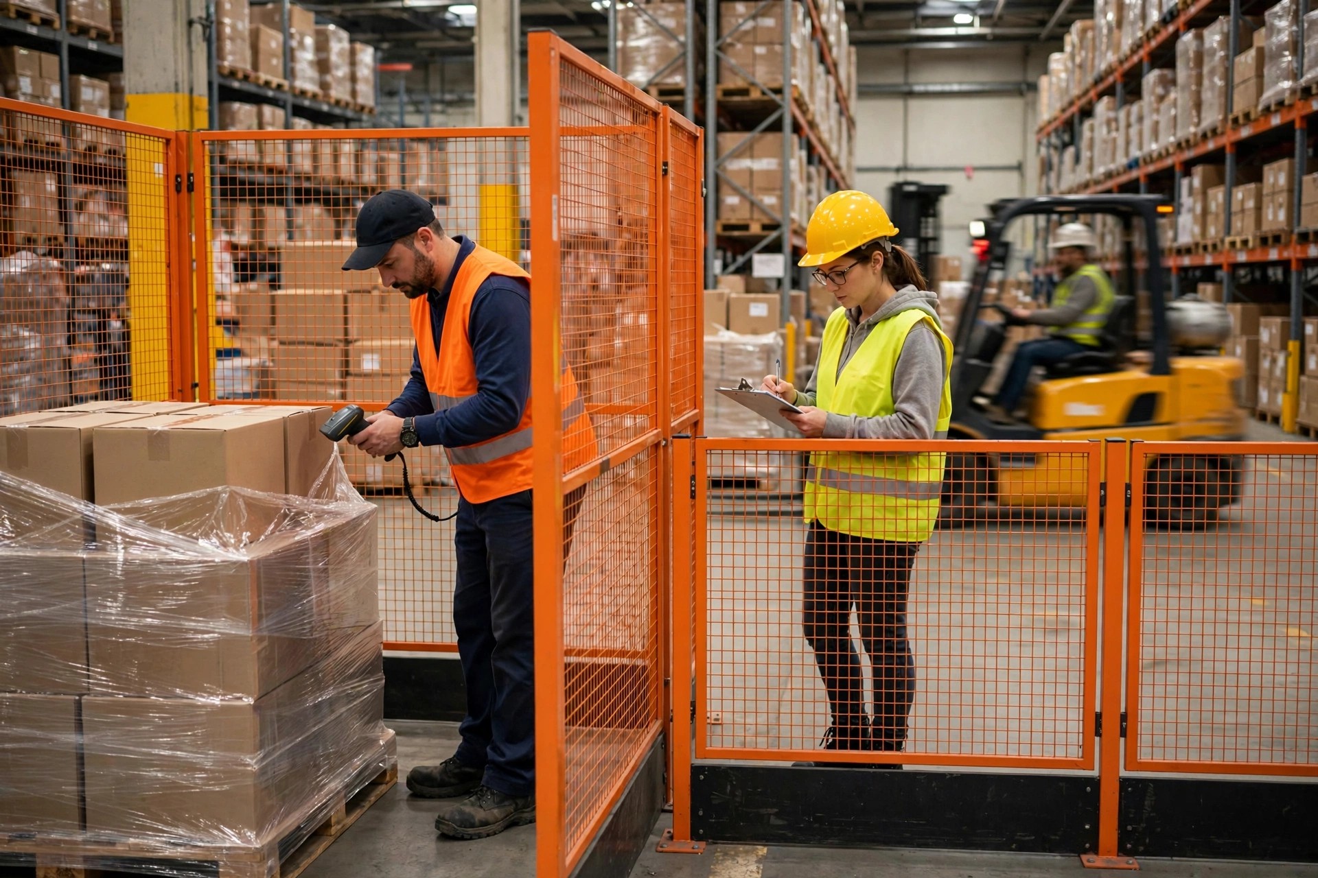 Two warehouse workers doing a cycle count inside a barrier-isolated zone while a forklift passes in the adjacent lane