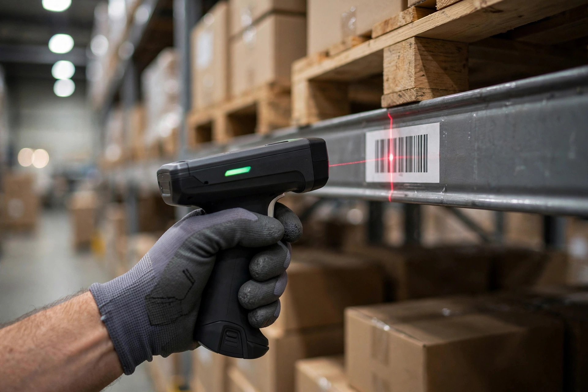 Lector de mano RF escaneando el código de barras de una ubicación en el rack