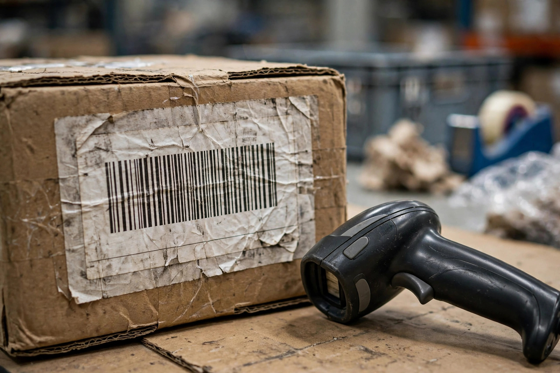 A warehouse worker scanning a barcode label on a cardboard carton with a handheld scanner