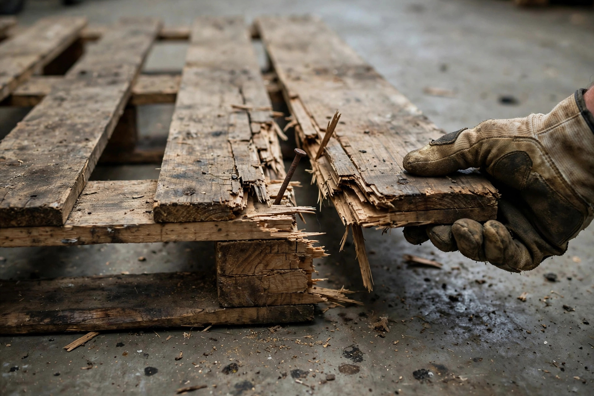 A worker in gloves inspecting a damaged wooden pallet with a split board