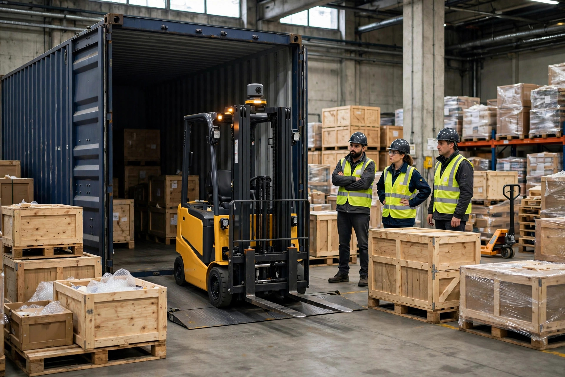 Déchargement d'un chariot élévateur automatisé importé depuis un conteneur dans un entrepôt