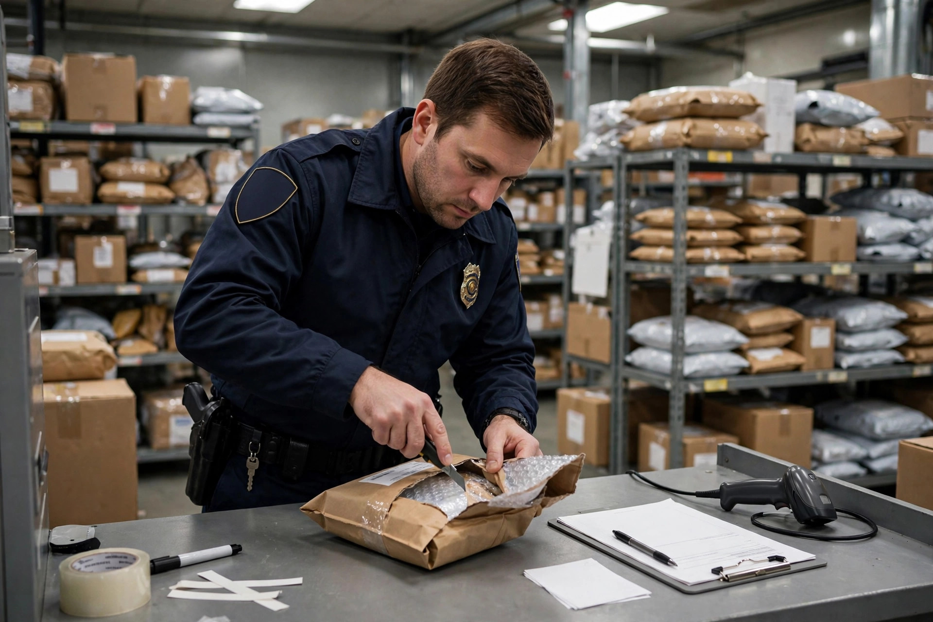 US customs officer inspecting an international e-commerce parcel