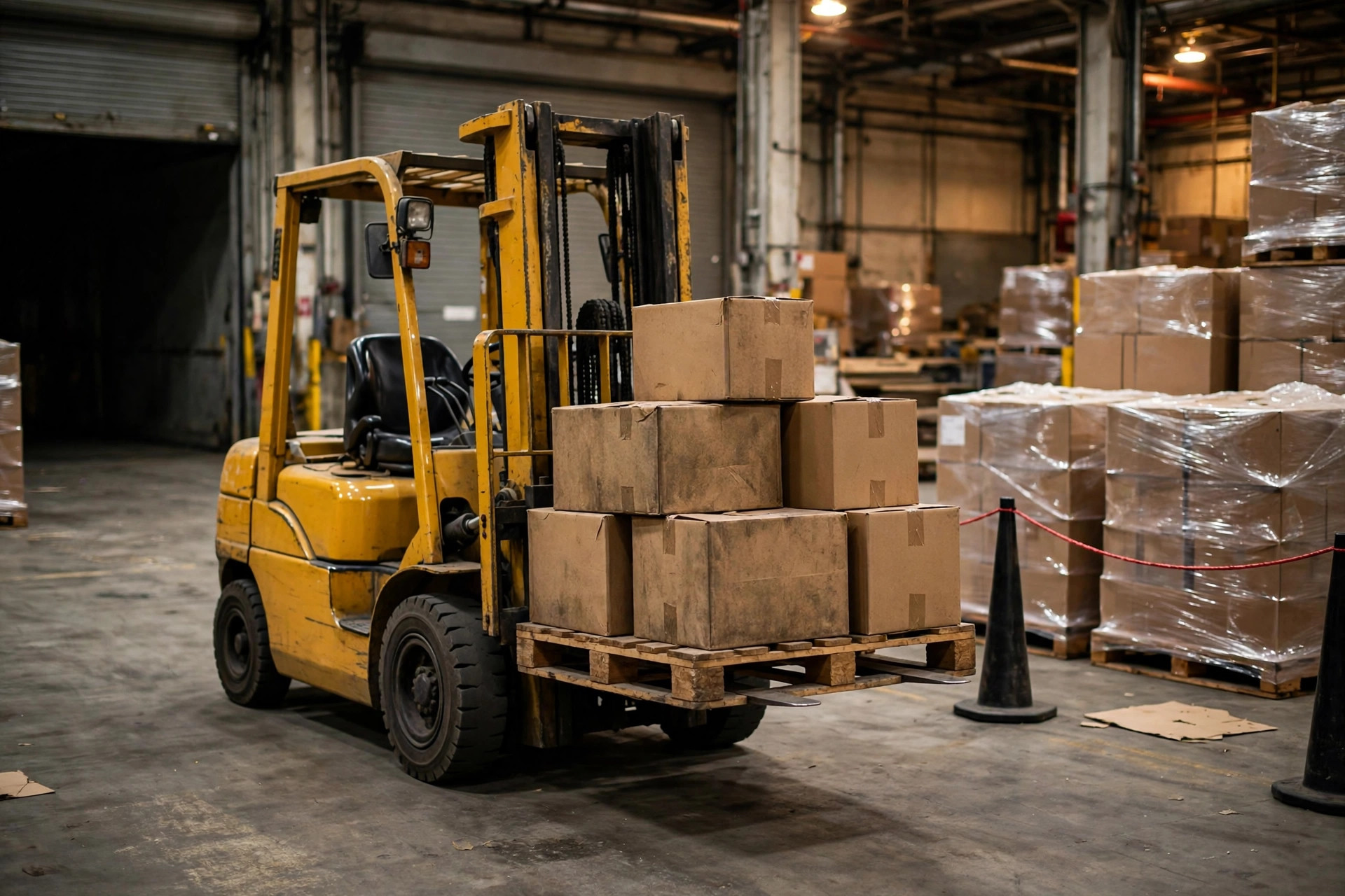 Un montacargas moviendo tarimas de inventario sin vender desde hace tiempo desde las estanterías del almacén hasta un área de preparación para liquidación