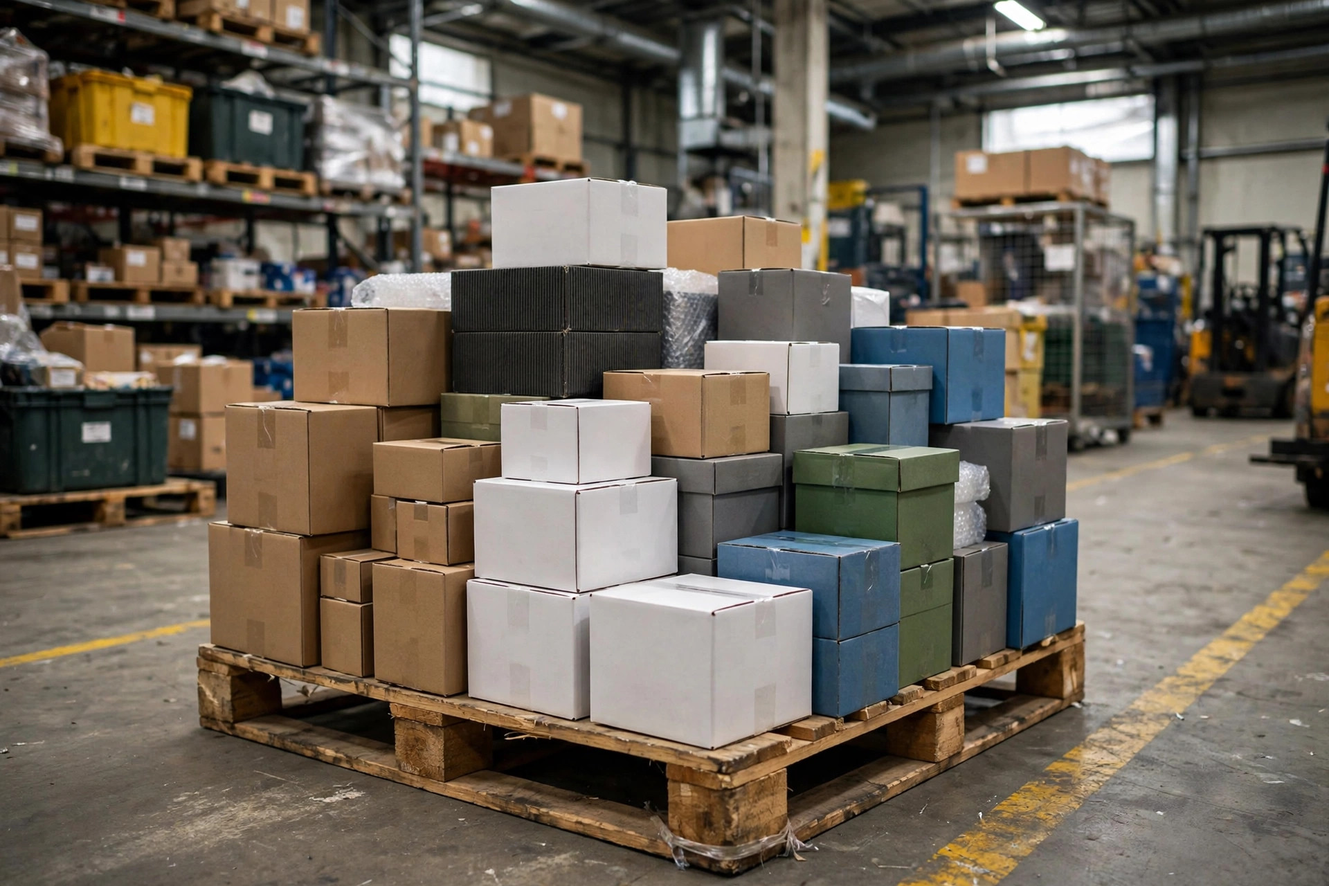 A shared pallet location holding several different boxed products