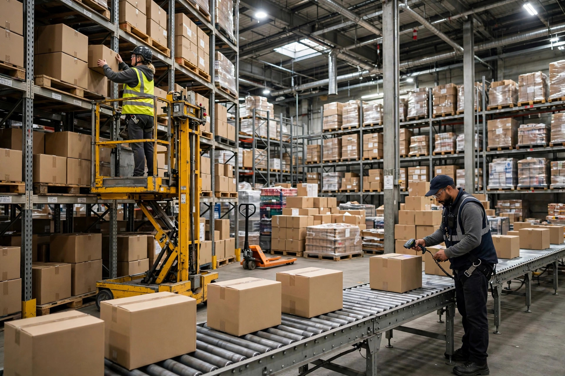 Asociado de almacén reponiendo productos en estanterías altas de pallets