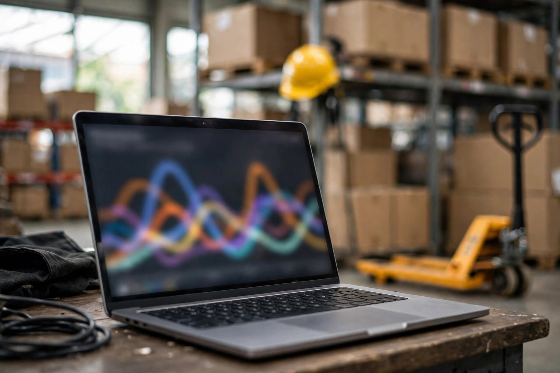 Un ingeniero monitoreando un tablero de datos de pronóstico de demanda en una laptop dentro de un centro de distribución