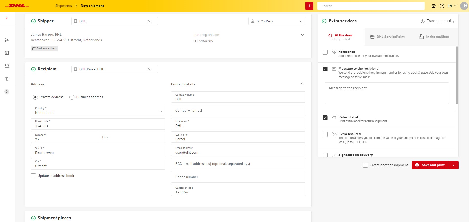DHL eCommerce back-office new shipment page (screenshot from DHL's official user manual)